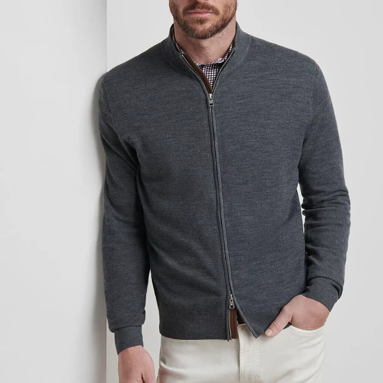 Men's Grey Melange Full Zip Cardigan Mock Neck Wool Blend