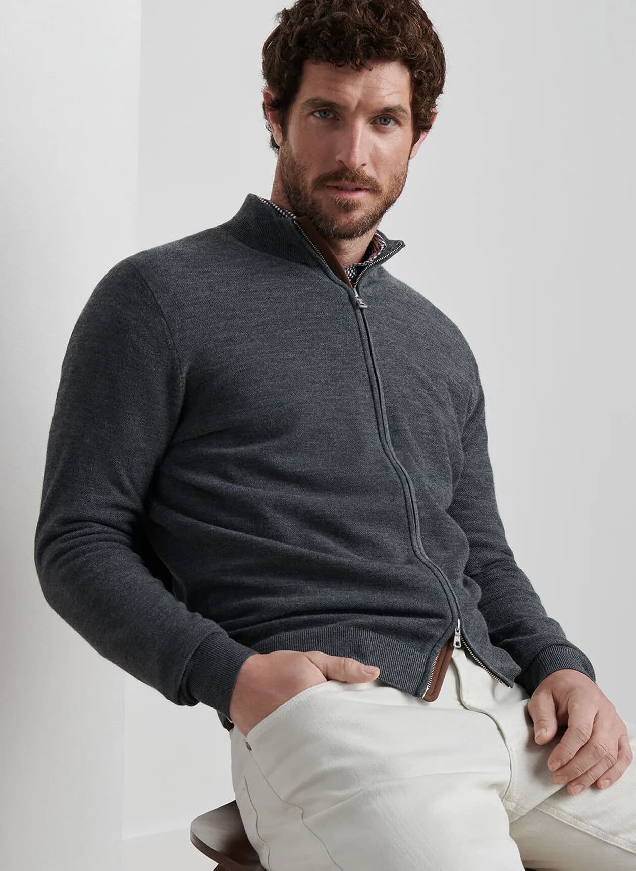 Men's Grey Melange Full Zip Cardigan Mock Neck Wool Blend — view 2