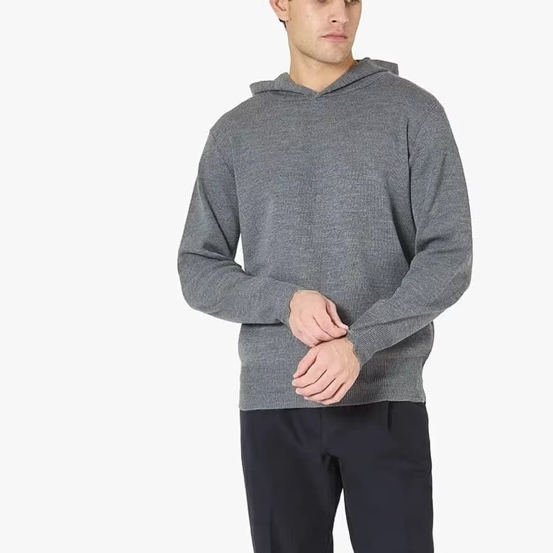 Men's Grey Melange Hooded Sweater Simple Knit