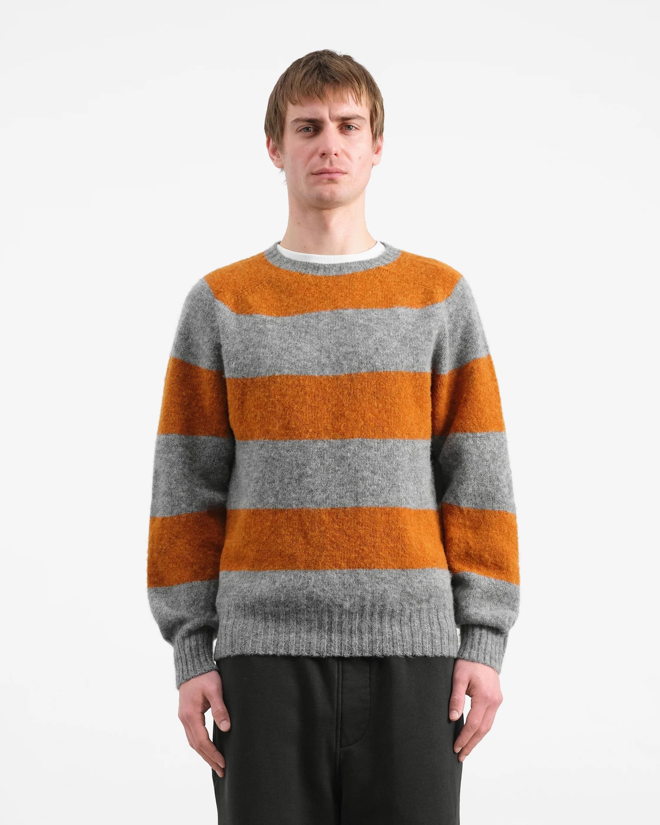 Men's Grey Orange Striped Crew Neck Sweater