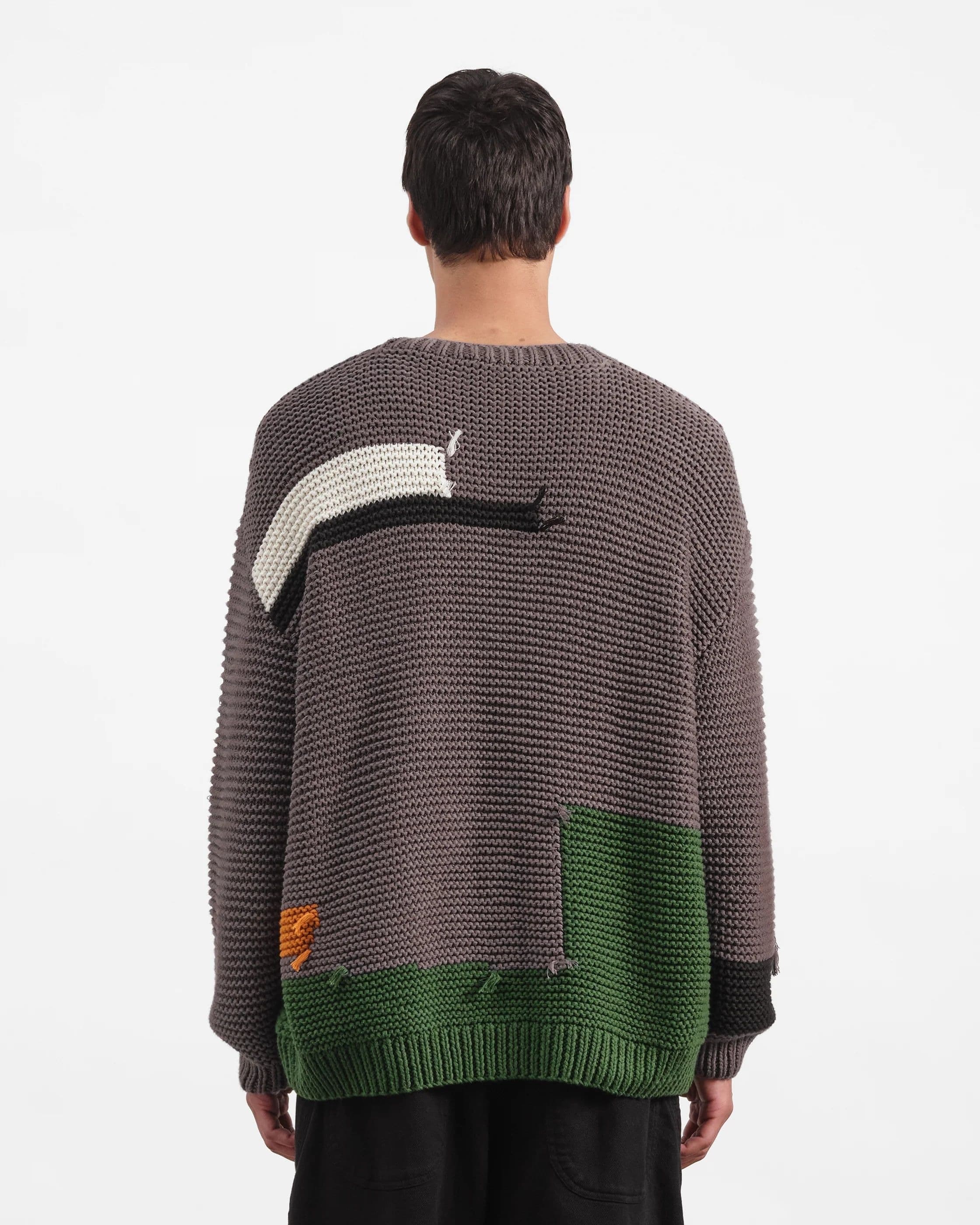 Men's Grey Purple Patchwork Crew Neck Sweater — view 2