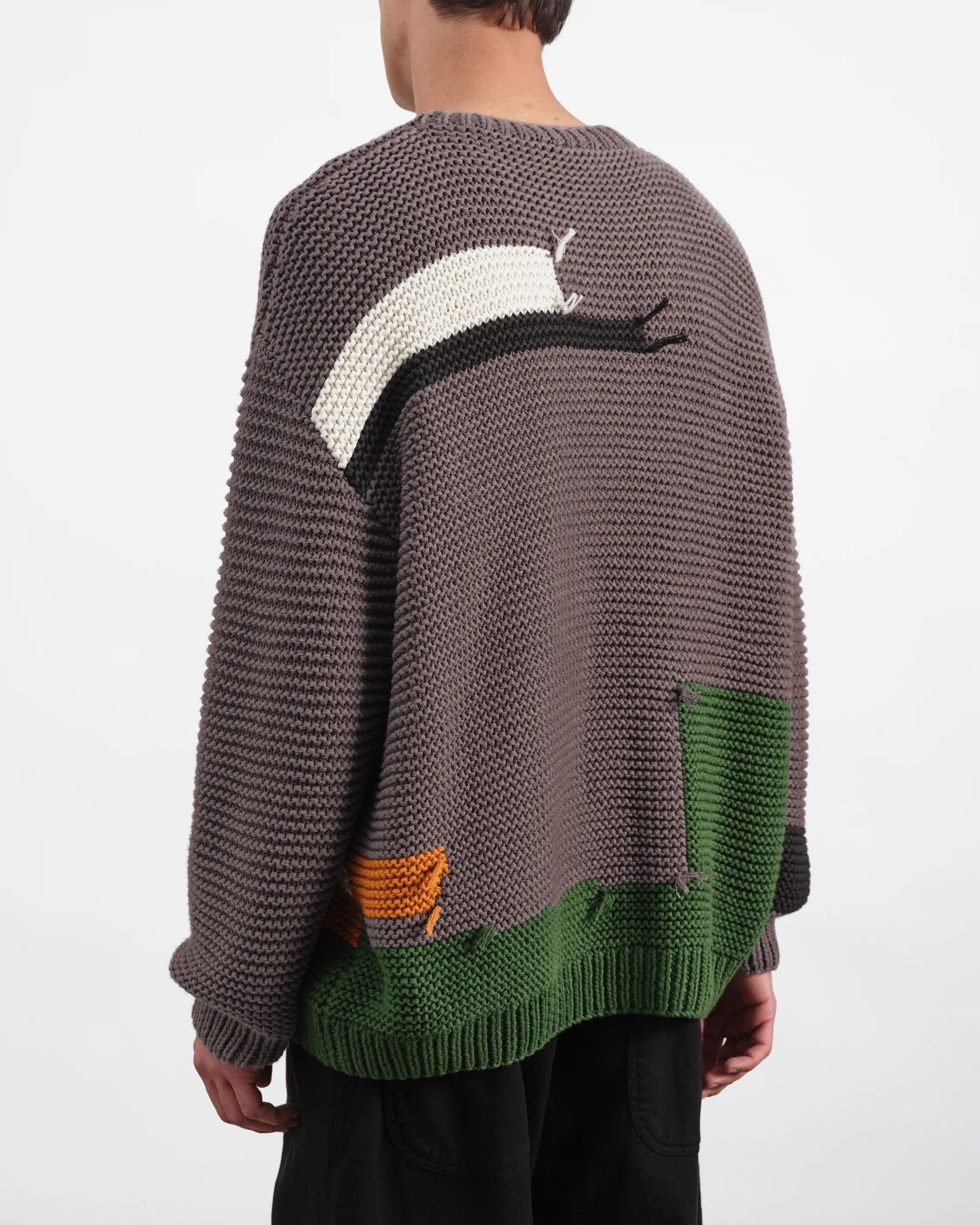Men's Grey Purple Patchwork Crew Neck Sweater — view 3