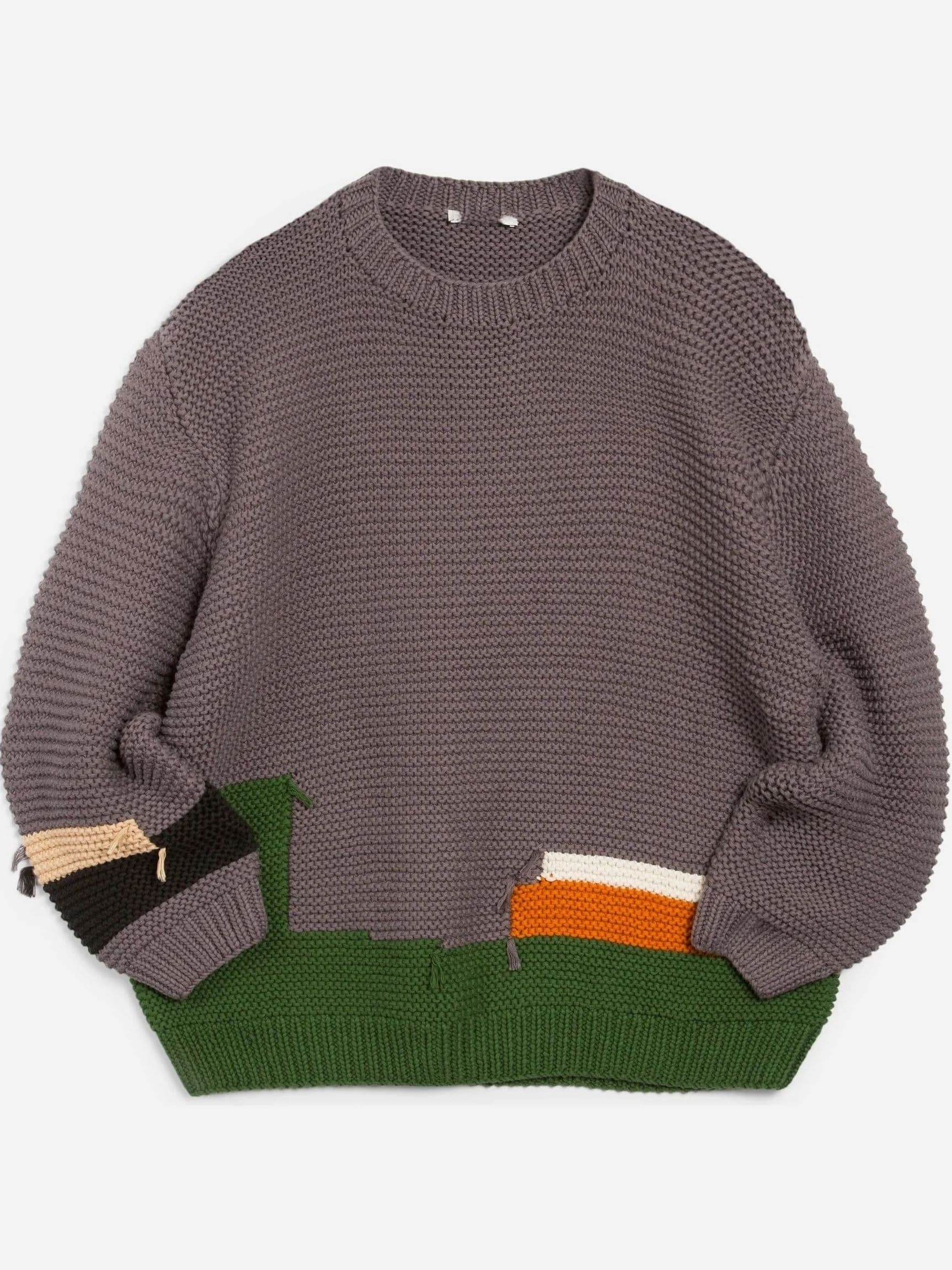Men's Grey Purple Patchwork Crew Neck Sweater — view 6