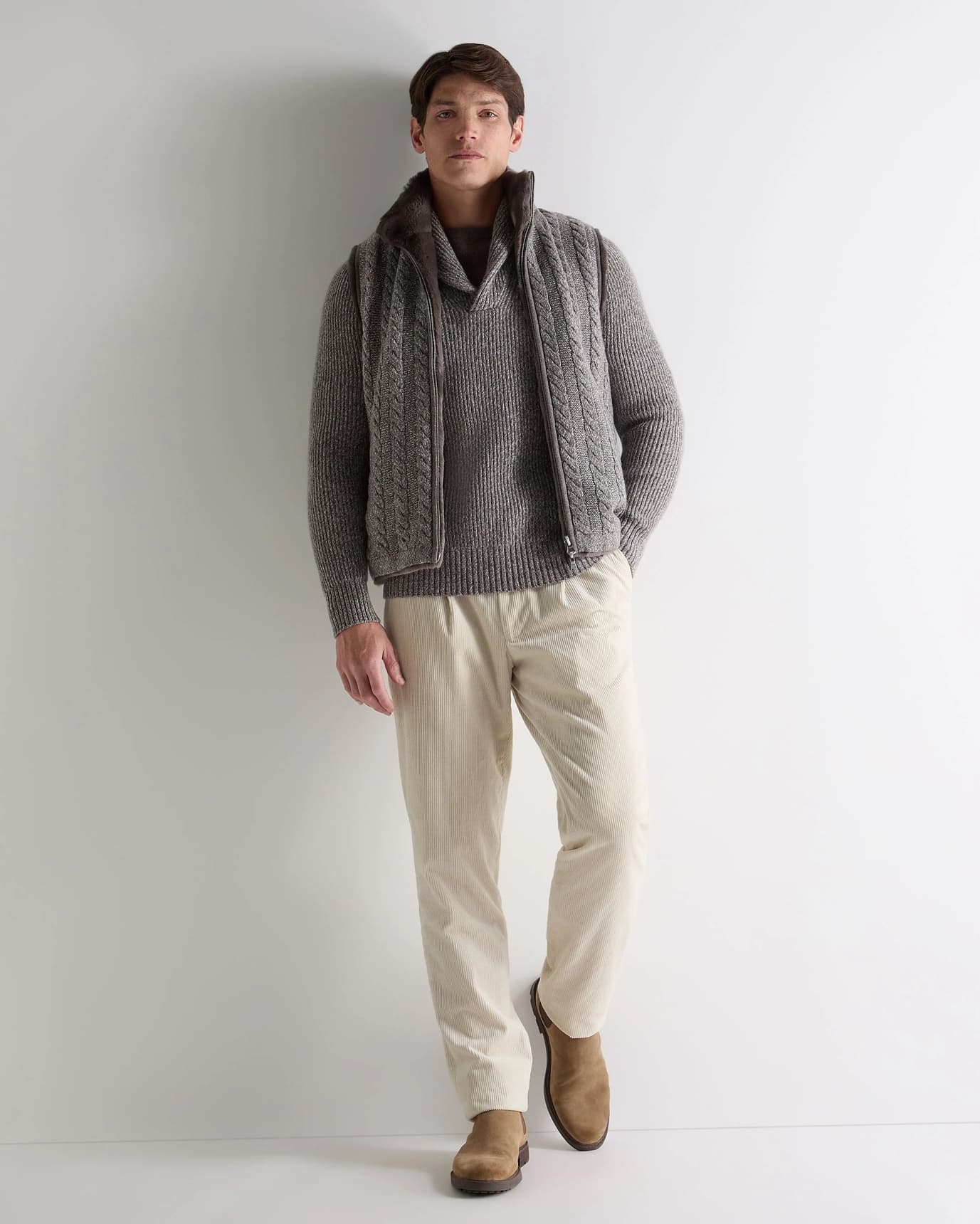 Men's Grey Ribbed Shawl Collar Sweater Wool Blend Textured Cross Neck