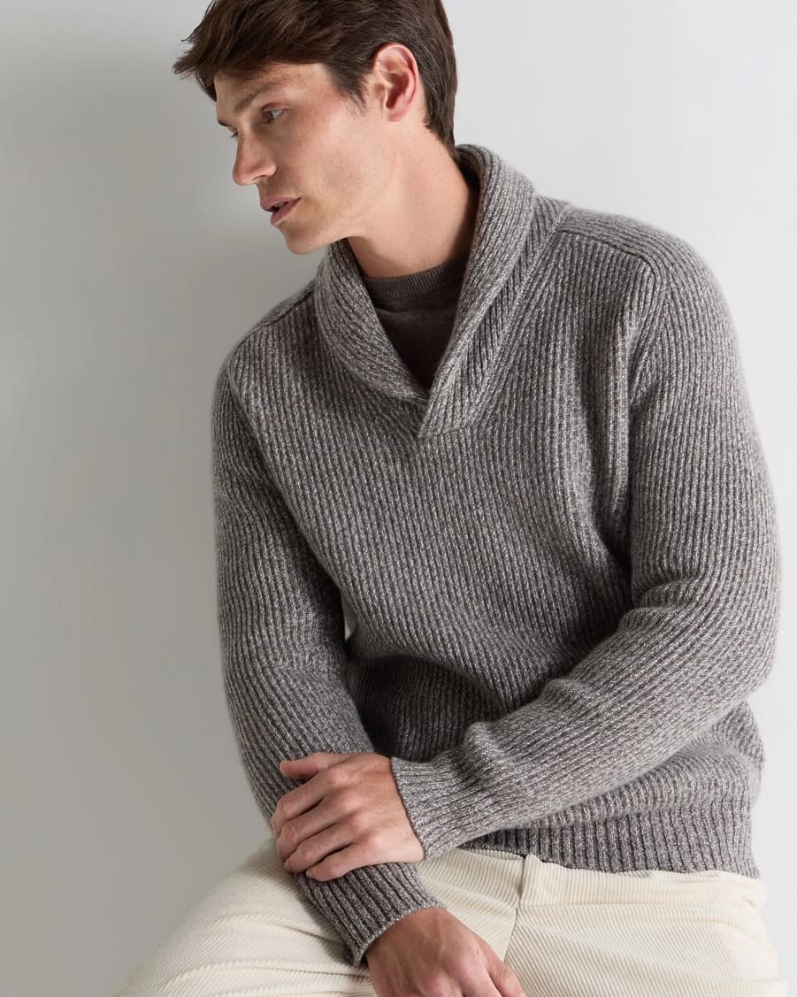 Men's Grey Ribbed Shawl Collar Sweater Wool Blend Textured Cross Neck — view 2