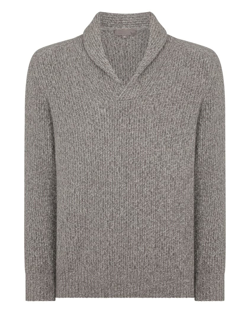 Men's Grey Ribbed Shawl Collar Sweater Wool Blend Textured Cross Neck — view 4