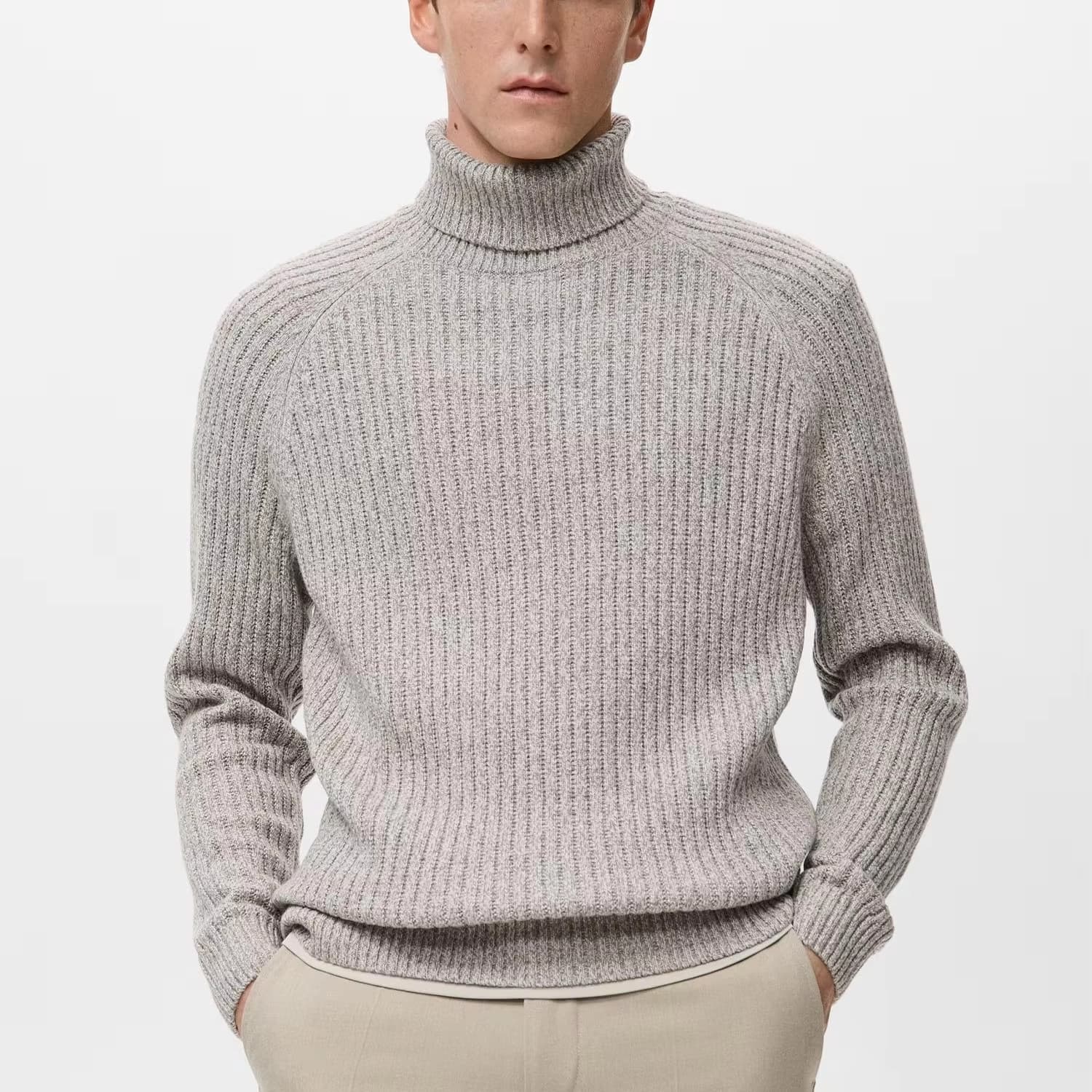Men's Grey Ribbed Turtleneck Sweater Neck Wool