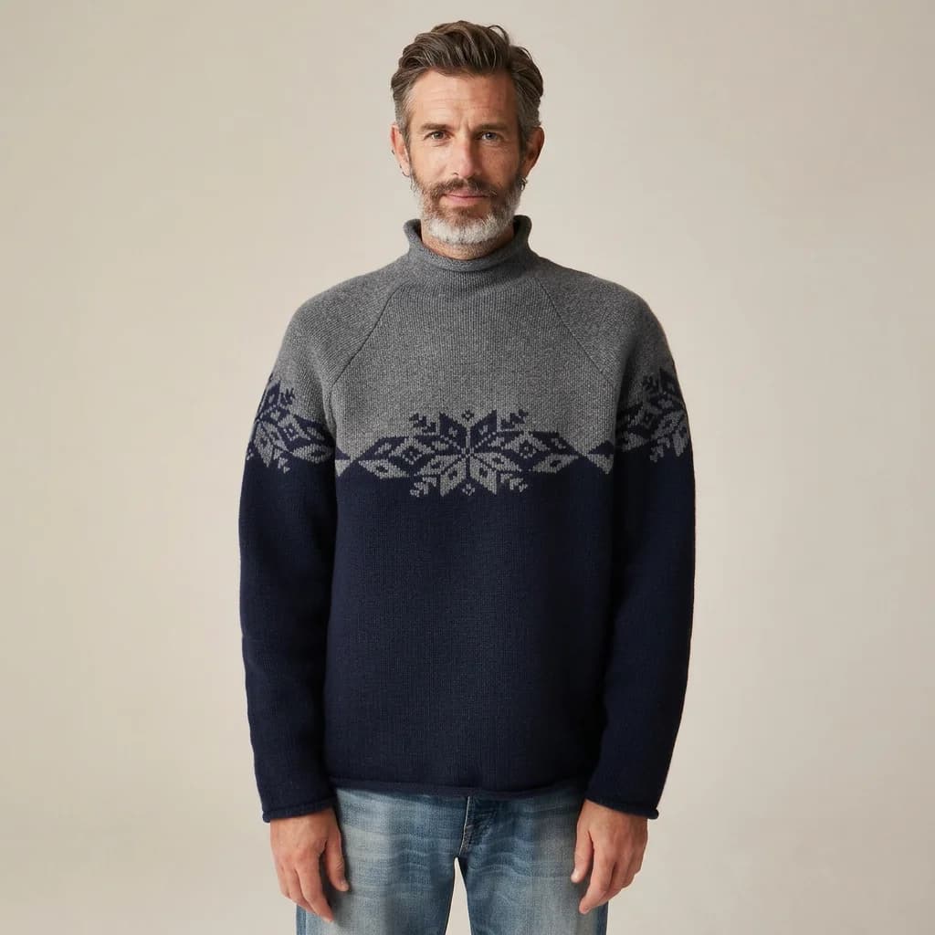 Men's Grey Snowflake Turtleneck Sweater Nordic Pattern