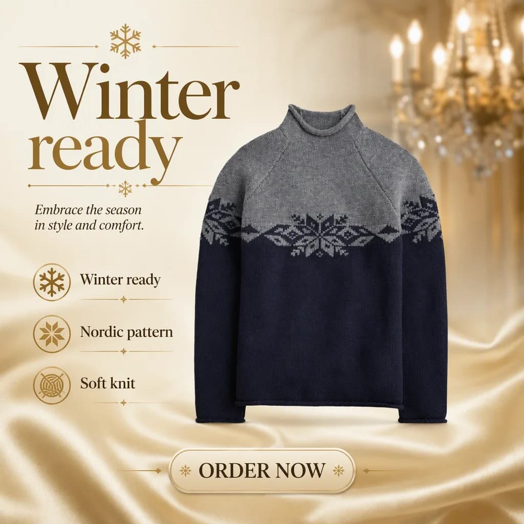Men's Grey Snowflake Turtleneck Sweater Nordic Pattern