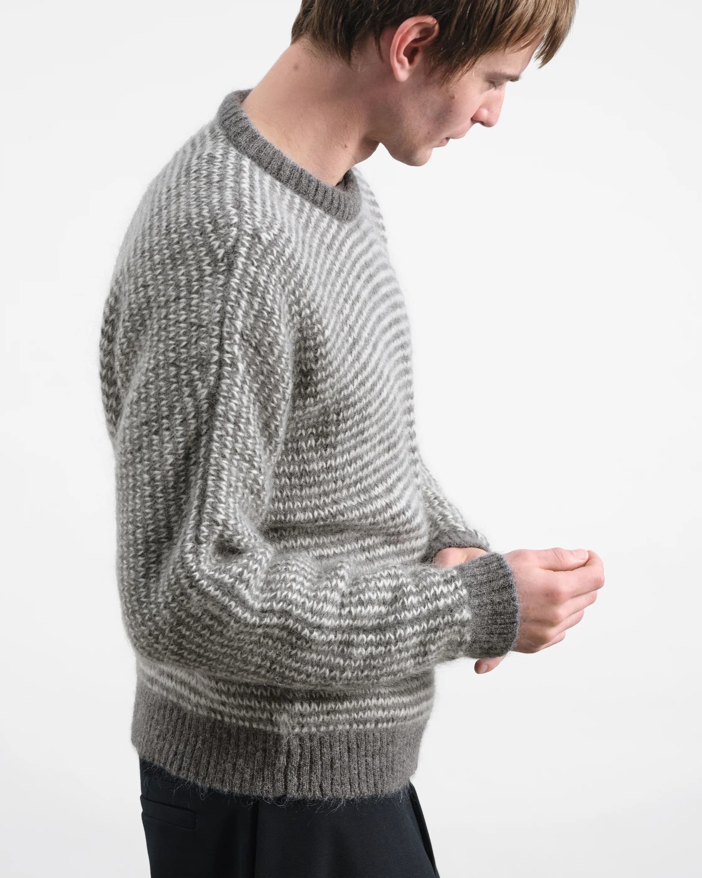 Men's Grey Striped Textured Crew Neck Sweater — view 3