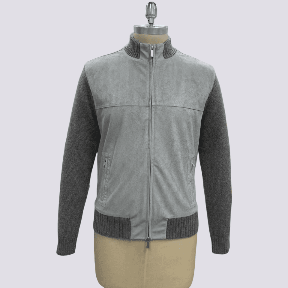 Suede-front hybrid knit jacket shown across its colourway range and construction detail