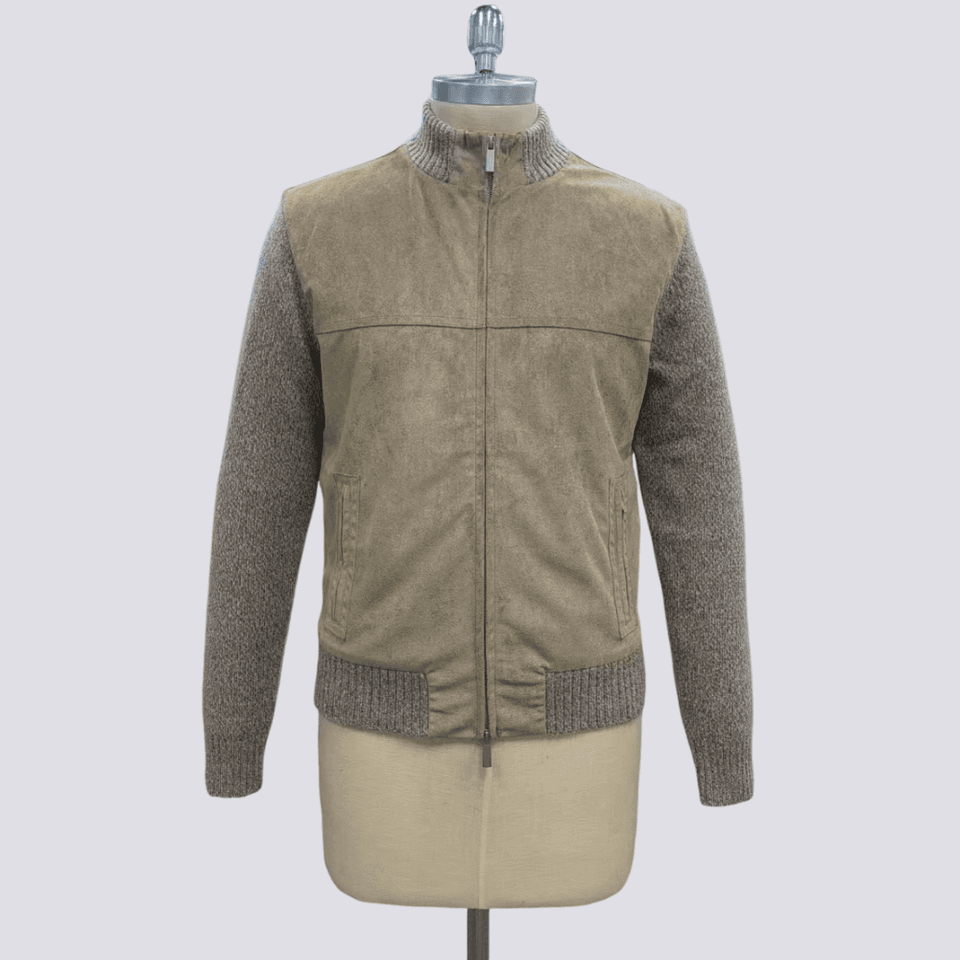 Suede-front hybrid knit jacket shown across its colourway range and construction detail