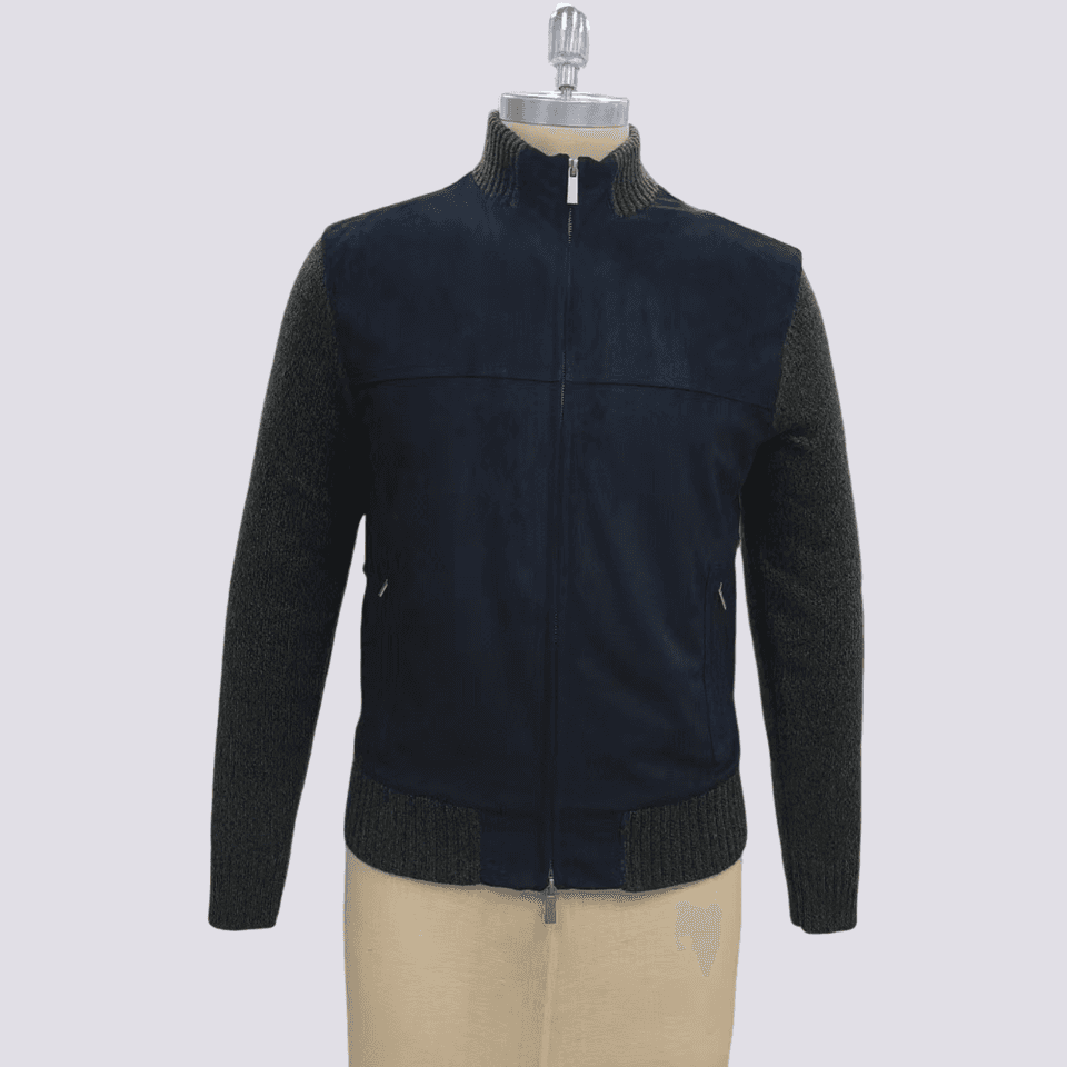 Suede-front hybrid knit jacket shown across its colourway range and construction detail