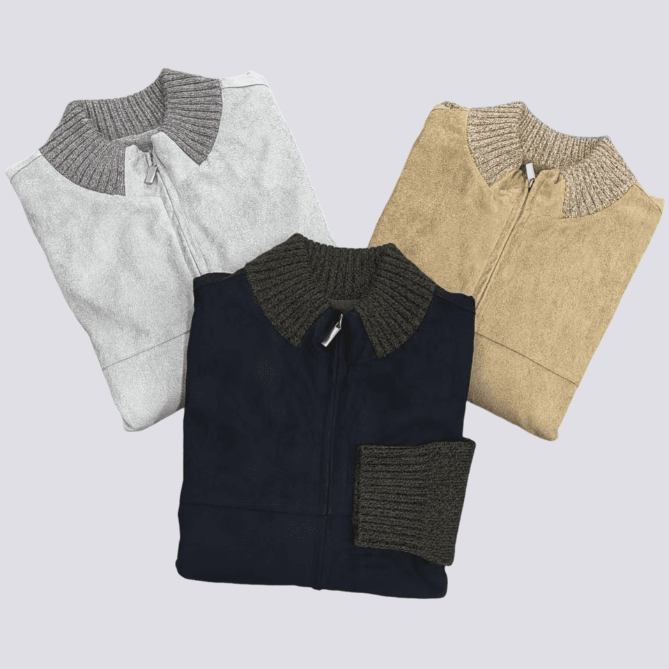 Suede-front hybrid knit jacket shown across its colourway range and construction detail