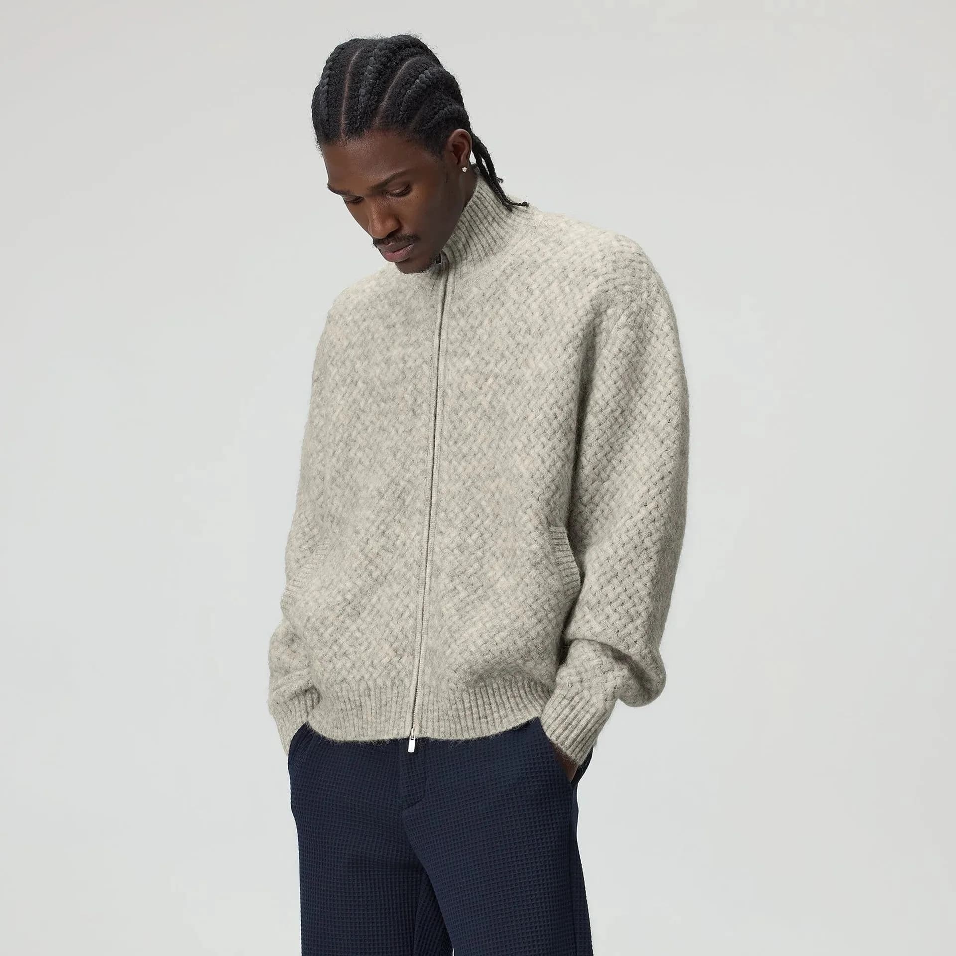 Men's Grey Textured Full Zip Cardigan