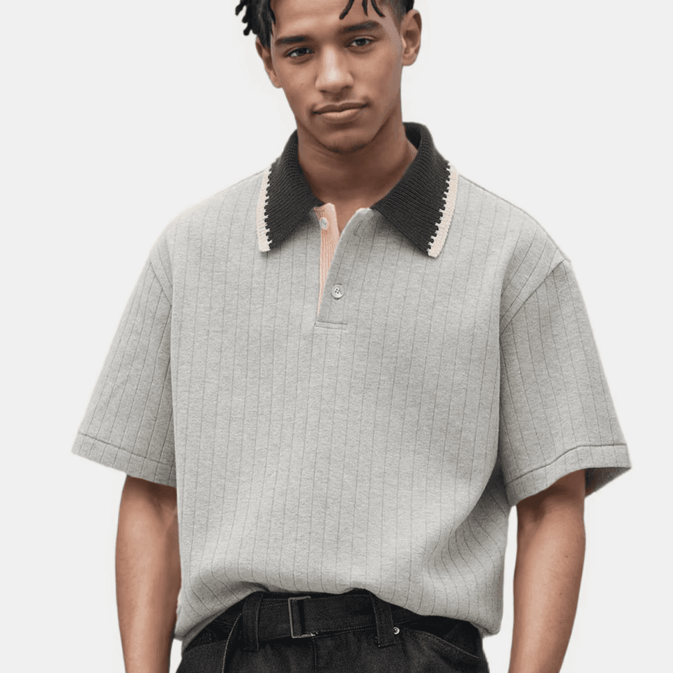 Men's Grey Textured Knit Golf Polo with Contrast Tipped Collar