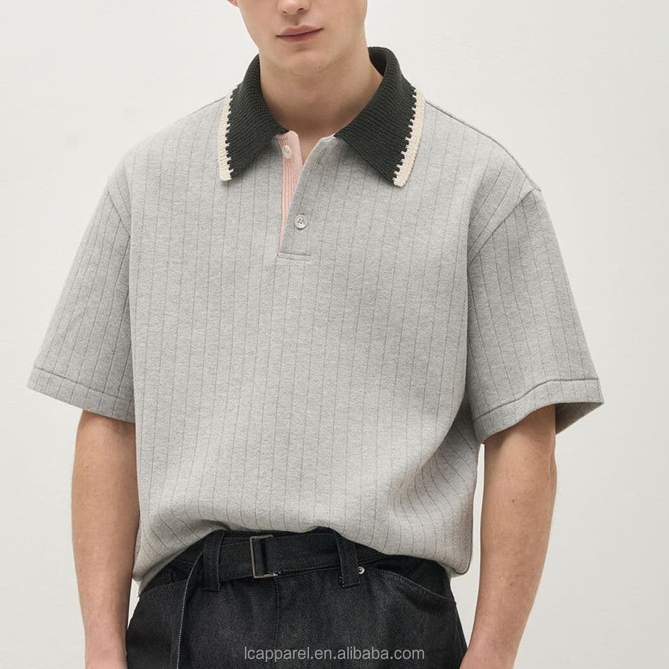 Men's Grey Textured Knit Golf Polo with Contrast Tipped Collar — view 2