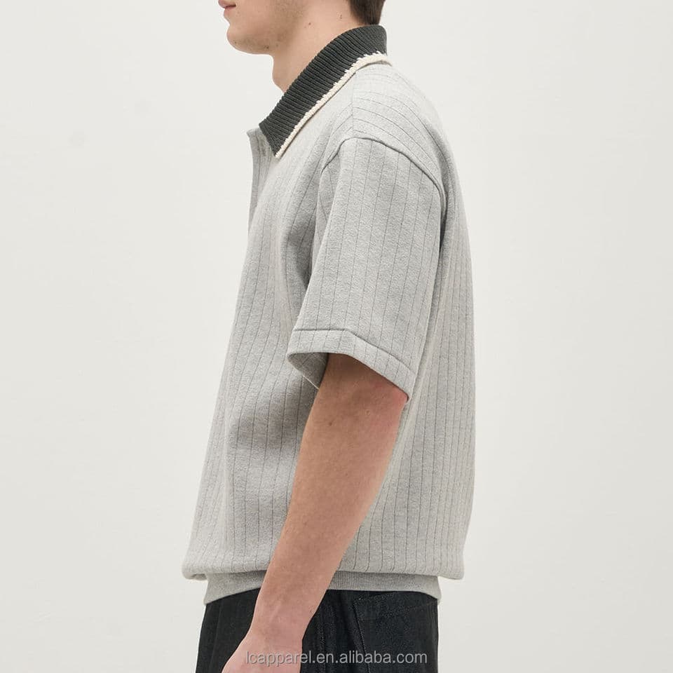 Men's Grey Textured Knit Golf Polo with Contrast Tipped Collar — view 4