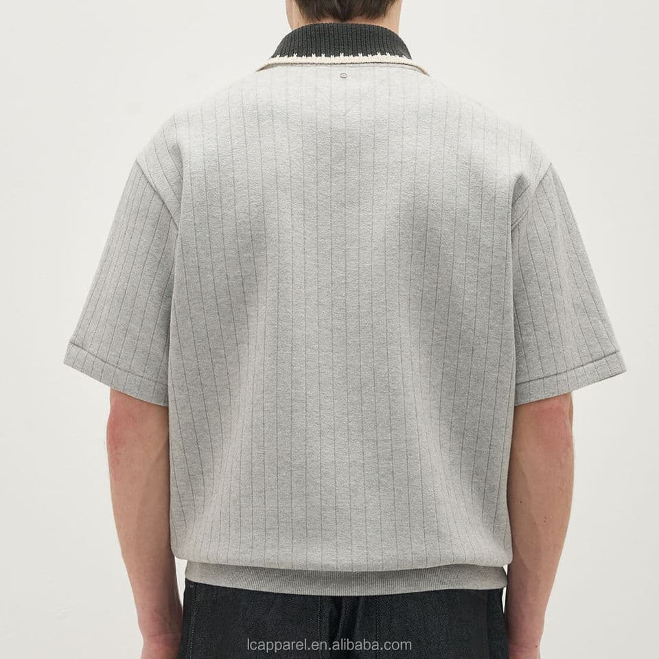 Men's Grey Textured Knit Golf Polo with Contrast Tipped Collar — view 5