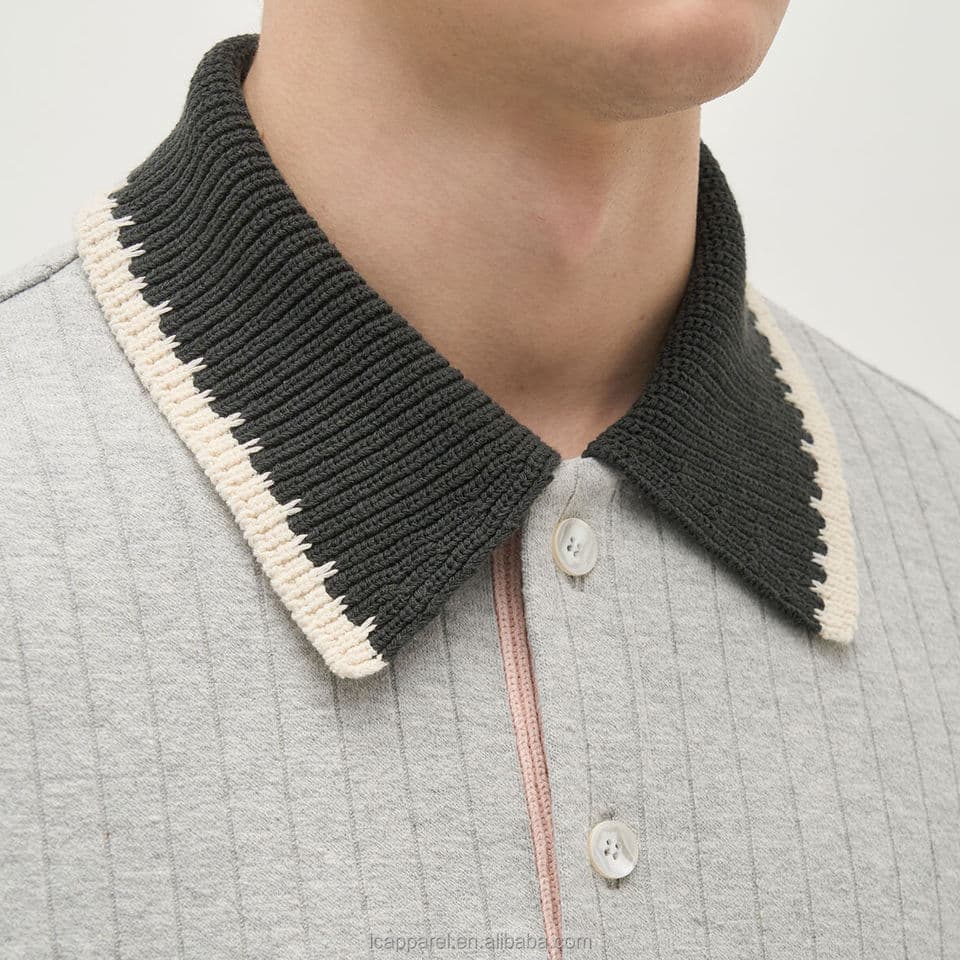 Men's Grey Textured Knit Golf Polo with Contrast Tipped Collar — view 6