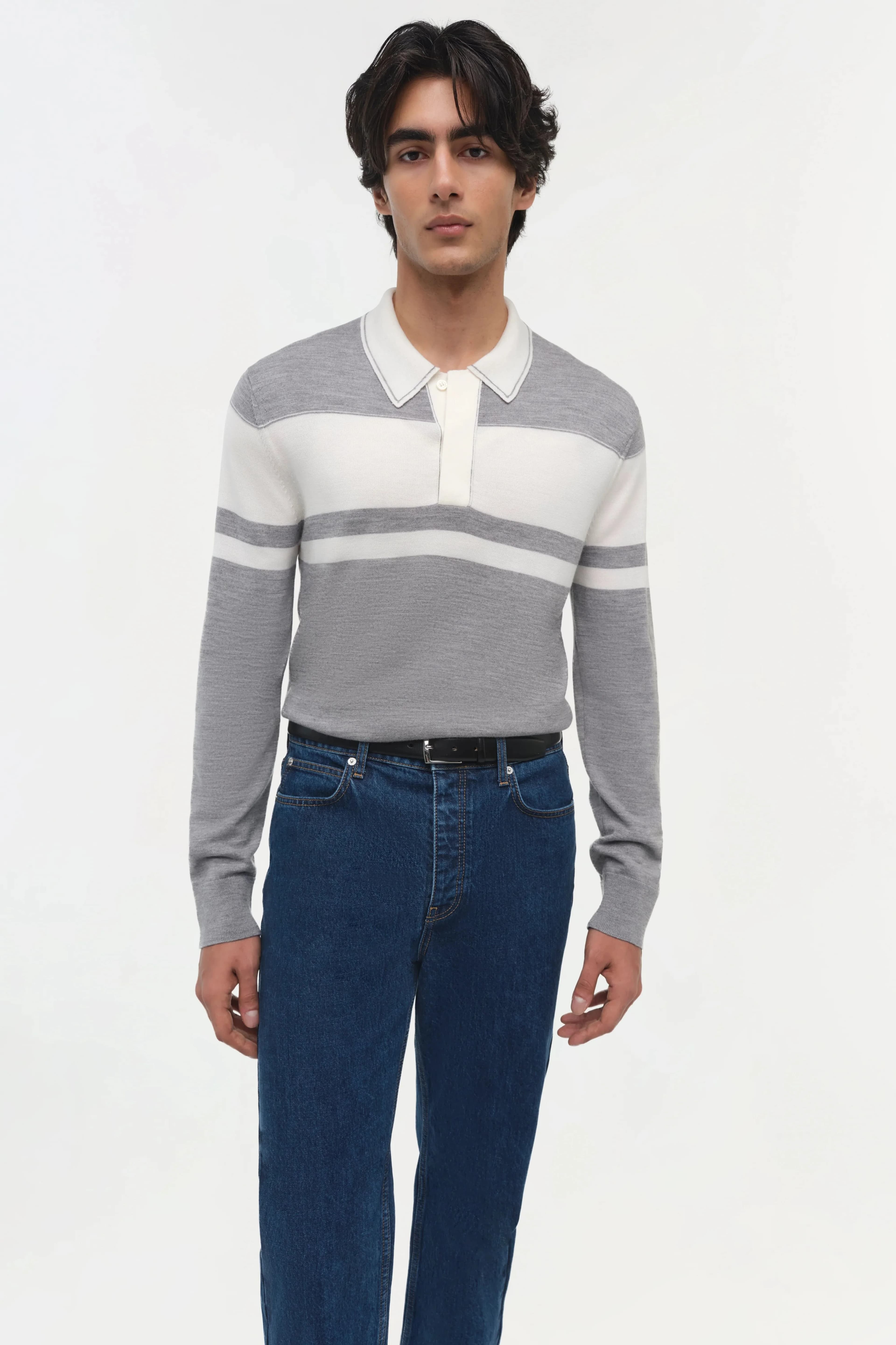 Men's Grey White Striped Button Placket Polo Sweater