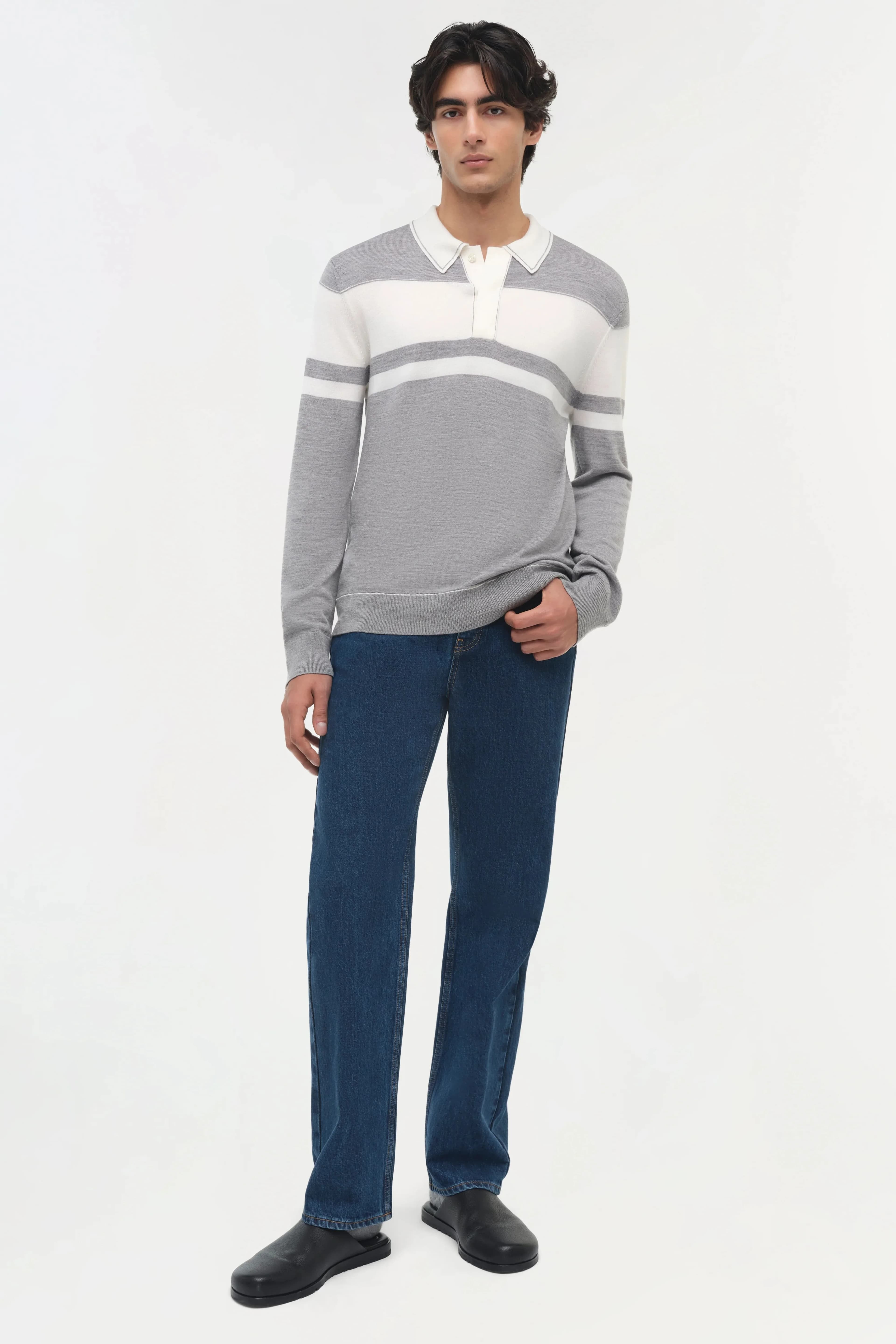 Men's Grey White Striped Button Placket Polo Sweater — view 3