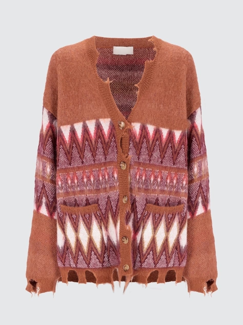 Men's Grunge Red Fair Isle Cardigan Knit V Neck Geometric Streetwear — view 5