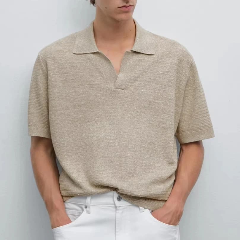 Men's Horizontal Ribbed Polo Cotton Silk Blend Johnny Collar Pullover