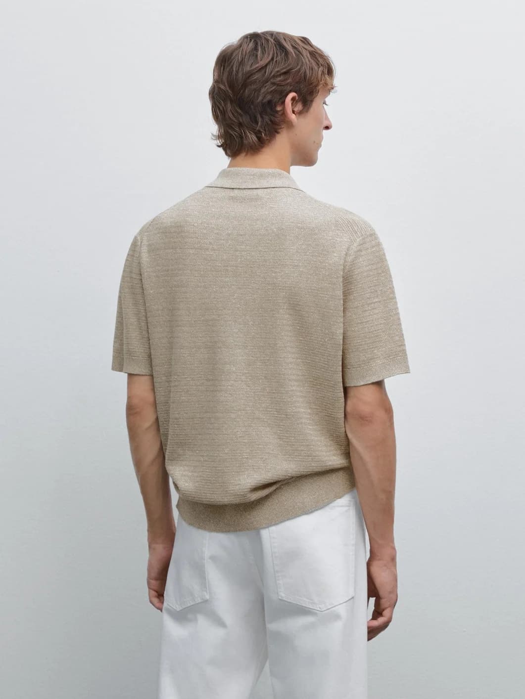 Men's Horizontal Ribbed Polo Cotton Silk Blend Johnny Collar Pullover — view 2