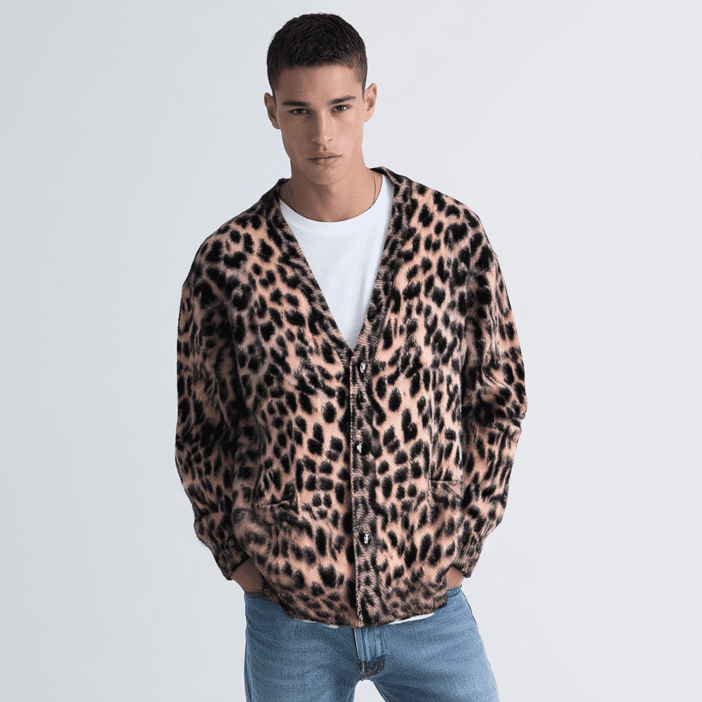 Men's Leopard Print Cardigan Animal Pattern V Neck Brushed Knit