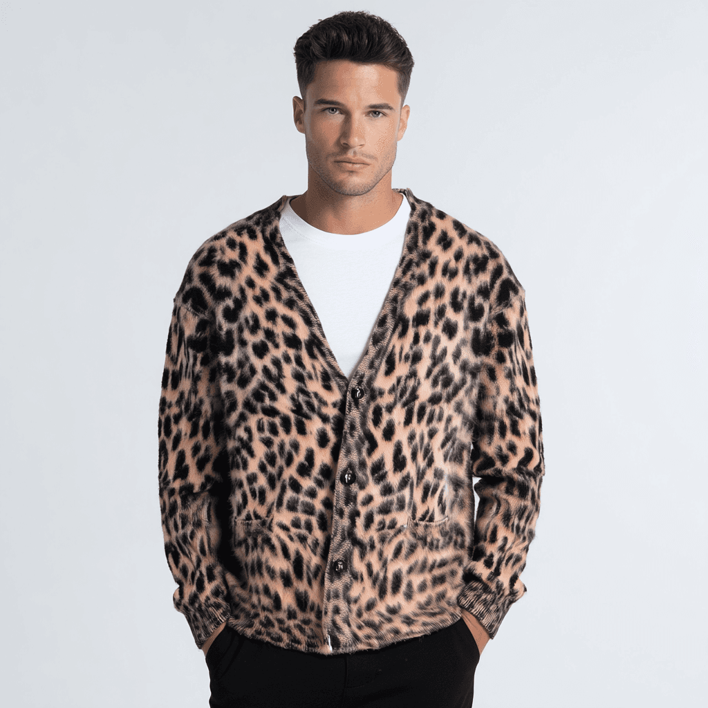 Men's Leopard Print Cardigan Animal Pattern V Neck Brushed Knit — view 2