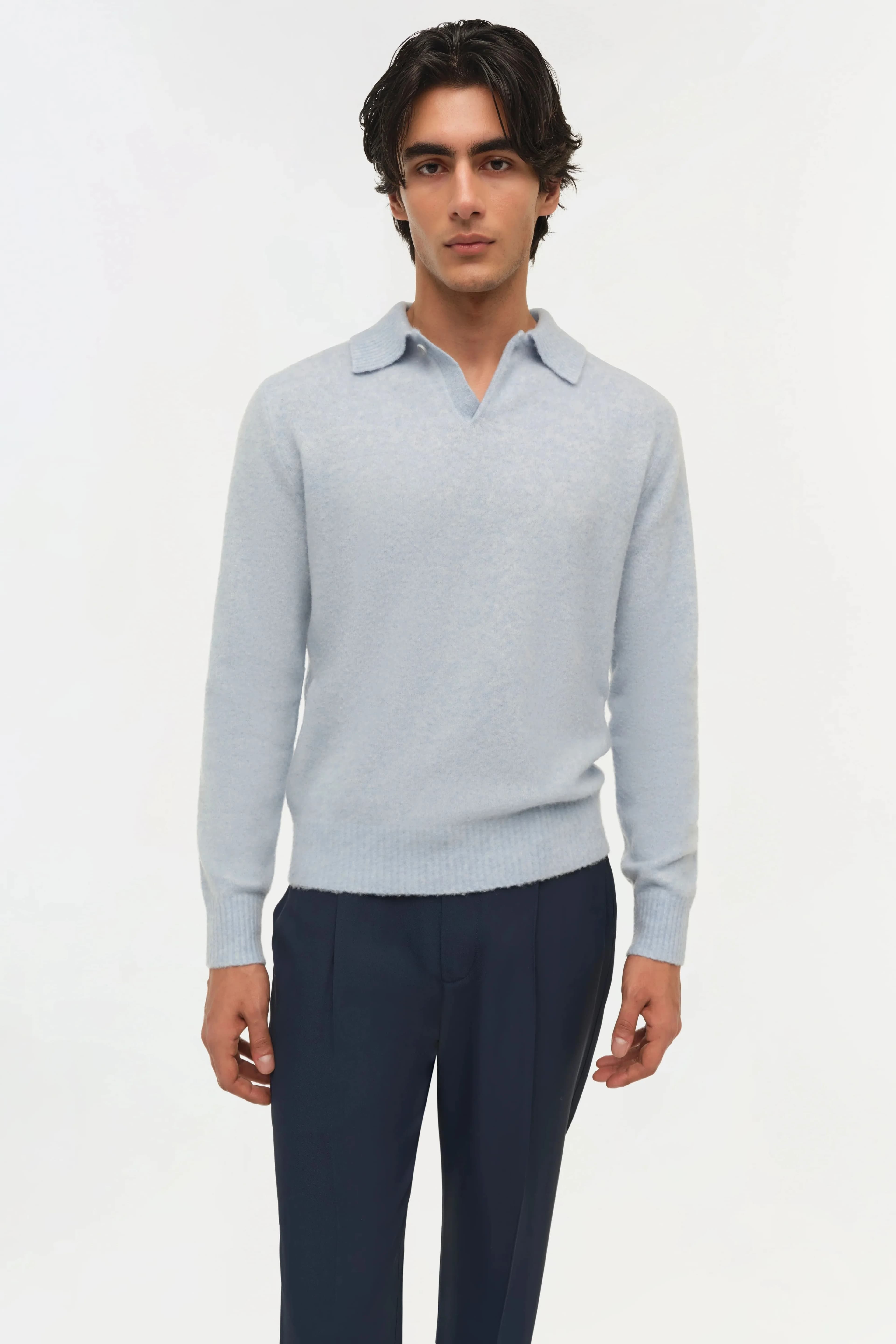 Men's Light Blue Open Collar Long Sleeve Polo Sweater
