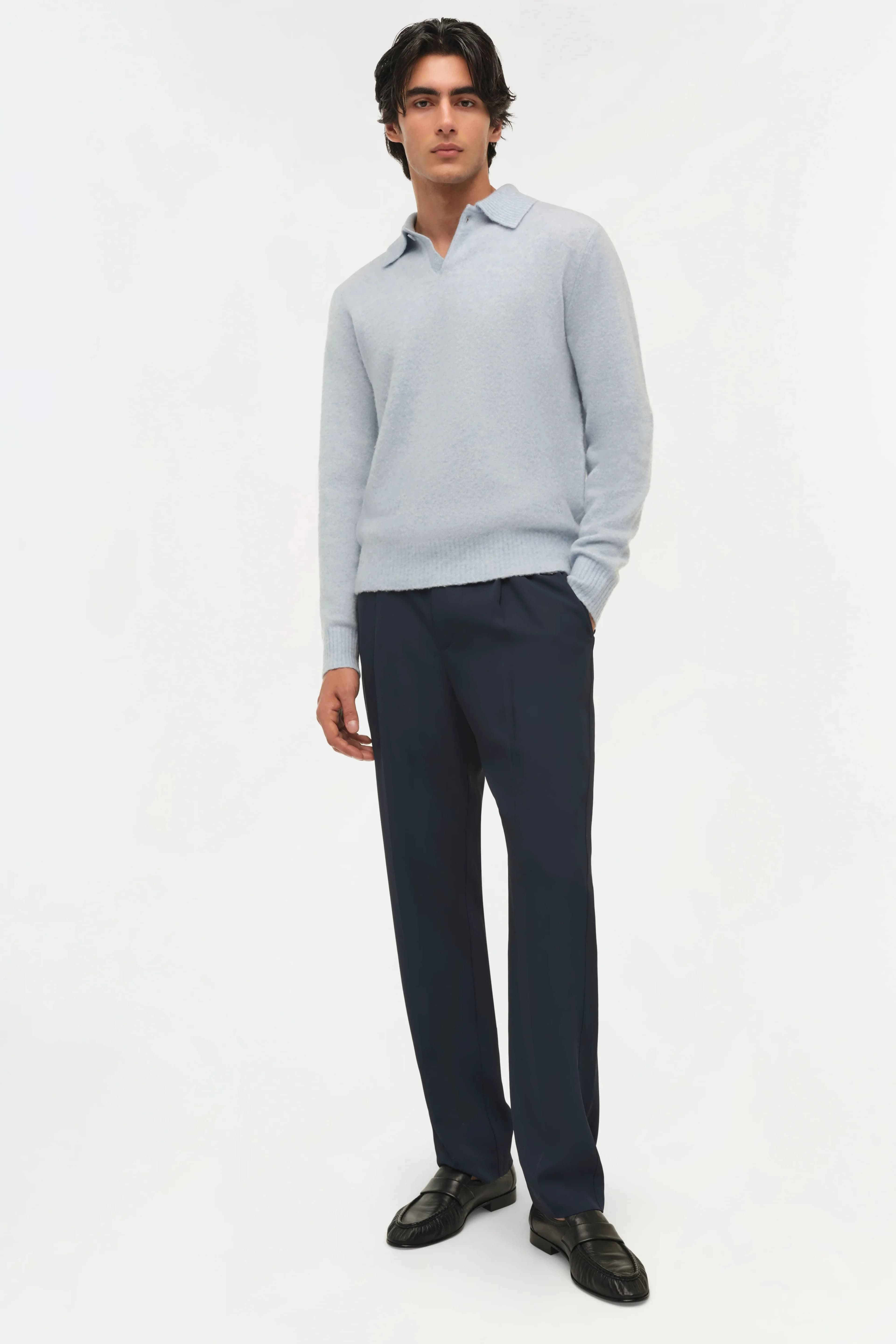 Men's Light Blue Open Collar Long Sleeve Polo Sweater — view 3