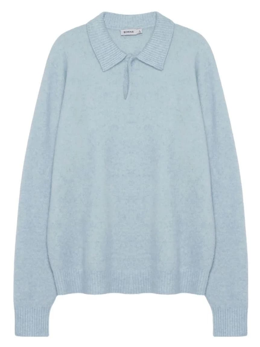 Men's Light Blue Open Collar Long Sleeve Polo Sweater — view 6