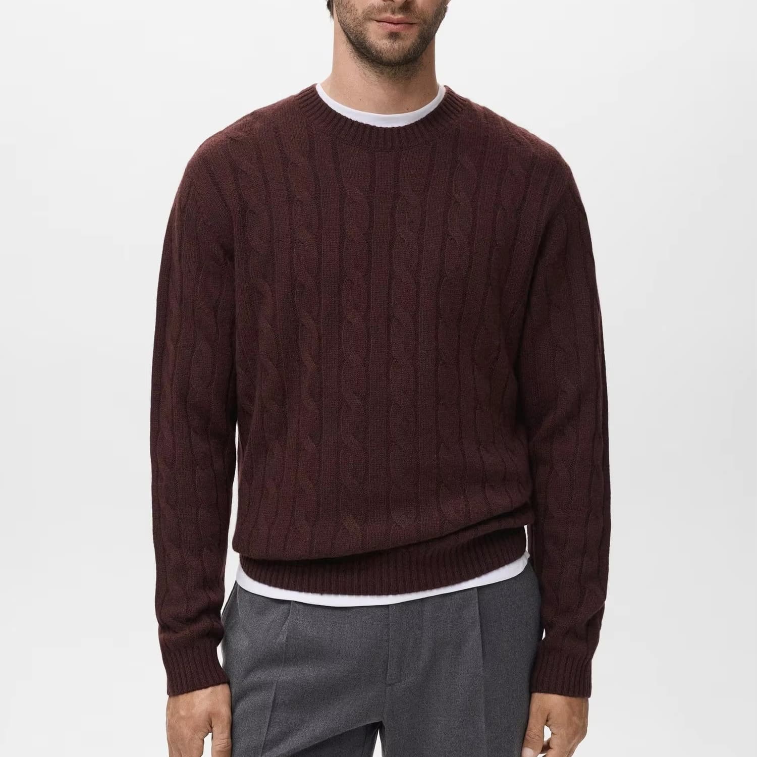 Men's Maroon Red Cable Knit Crew Neck Sweater Braided