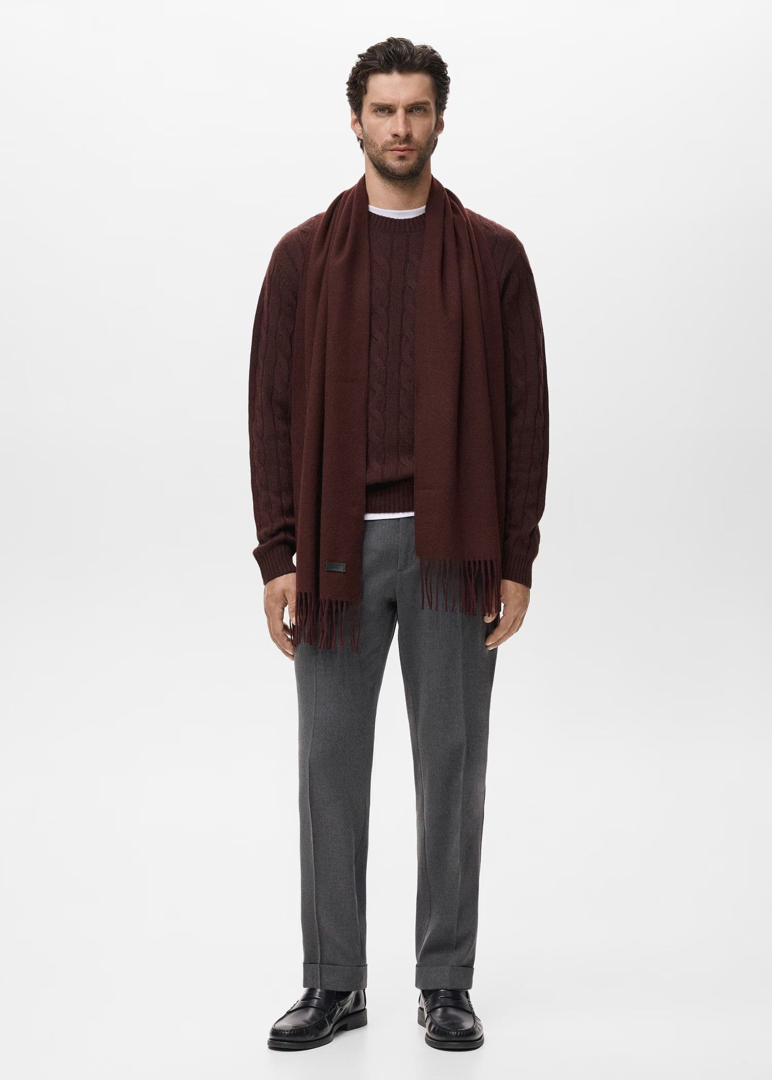 Men's Maroon Red Cable Knit Crew Neck Sweater Braided — view 2