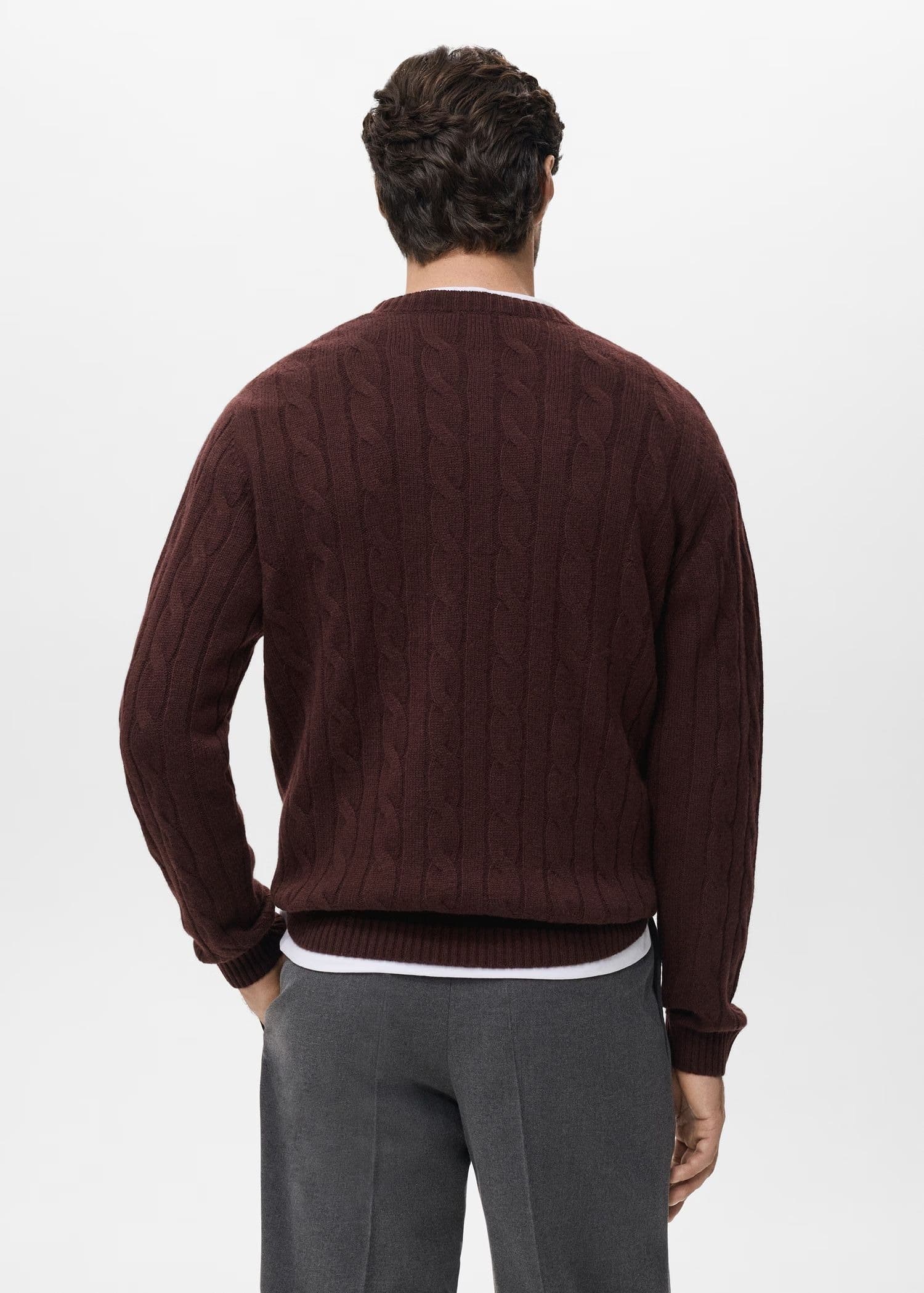 Men's Maroon Red Cable Knit Crew Neck Sweater Braided — view 3