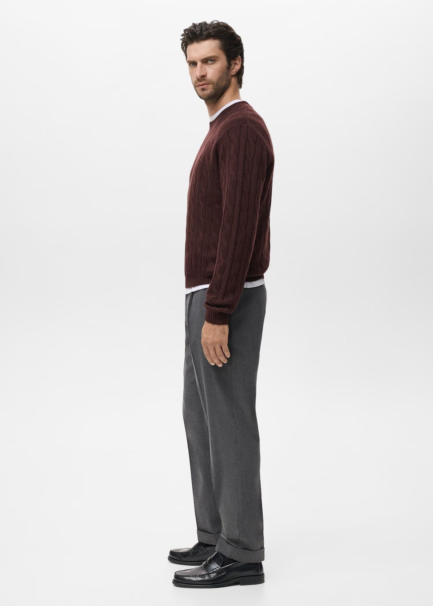Men's Maroon Red Cable Knit Crew Neck Sweater Braided — view 4