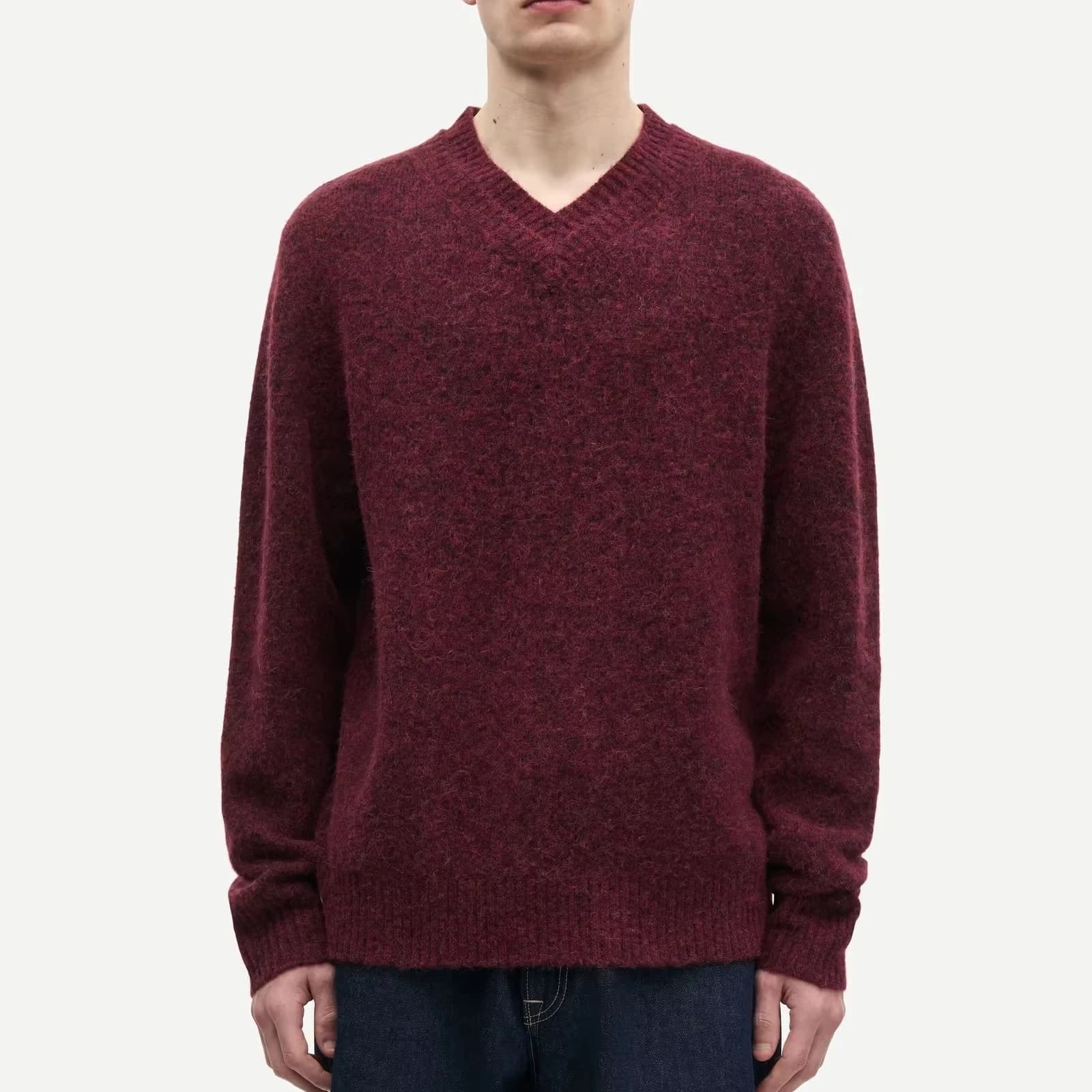 Men's Maroon Red V Neck Sweater Soft Wool Blend Classic Knit Pullover