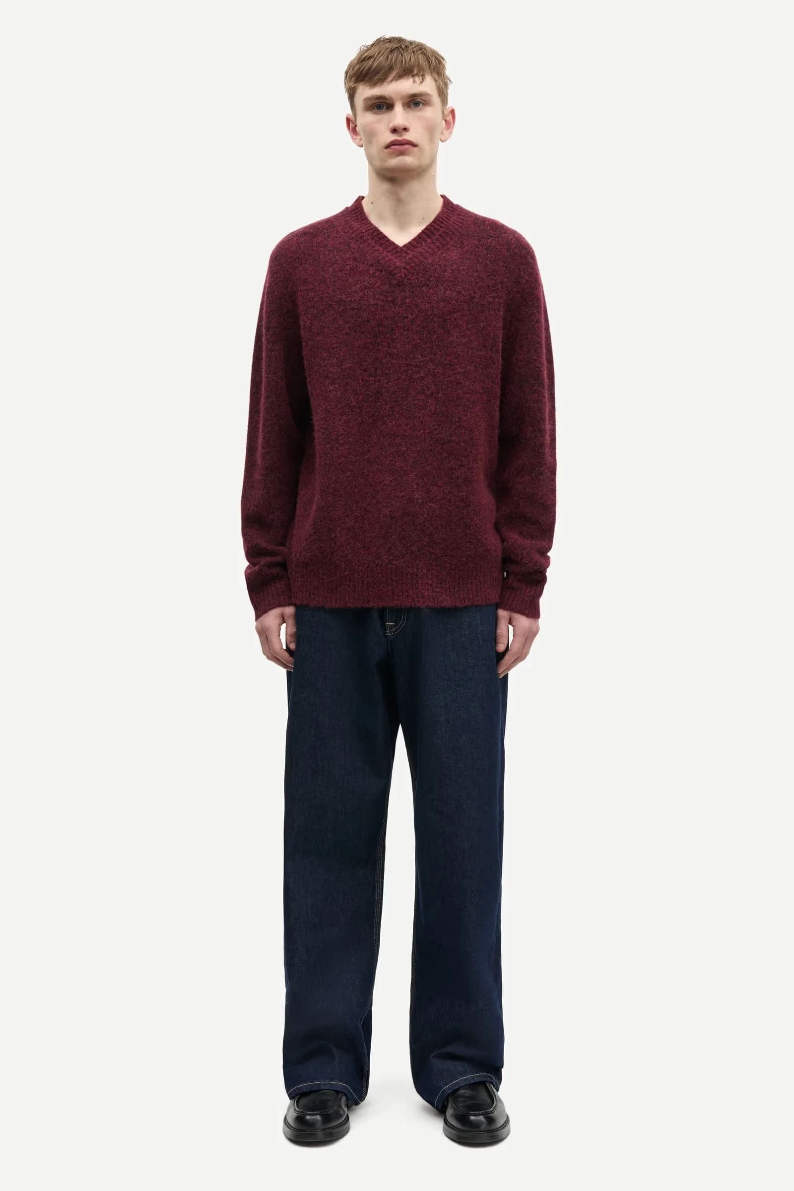 Men's Maroon Red V Neck Sweater Soft Wool Blend Classic Knit Pullover — view 2