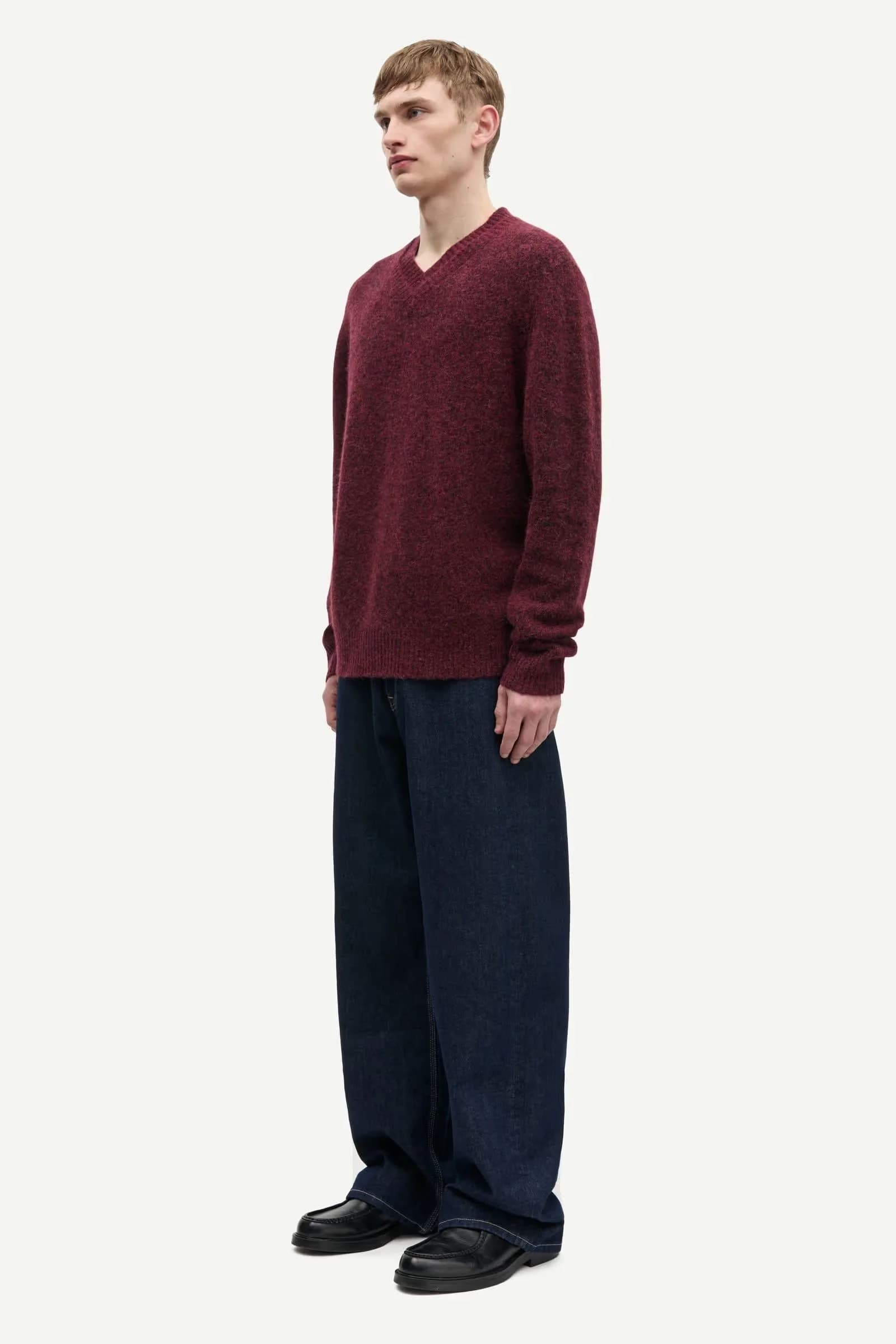 Men's Maroon Red V Neck Sweater Soft Wool Blend Classic Knit Pullover — view 3