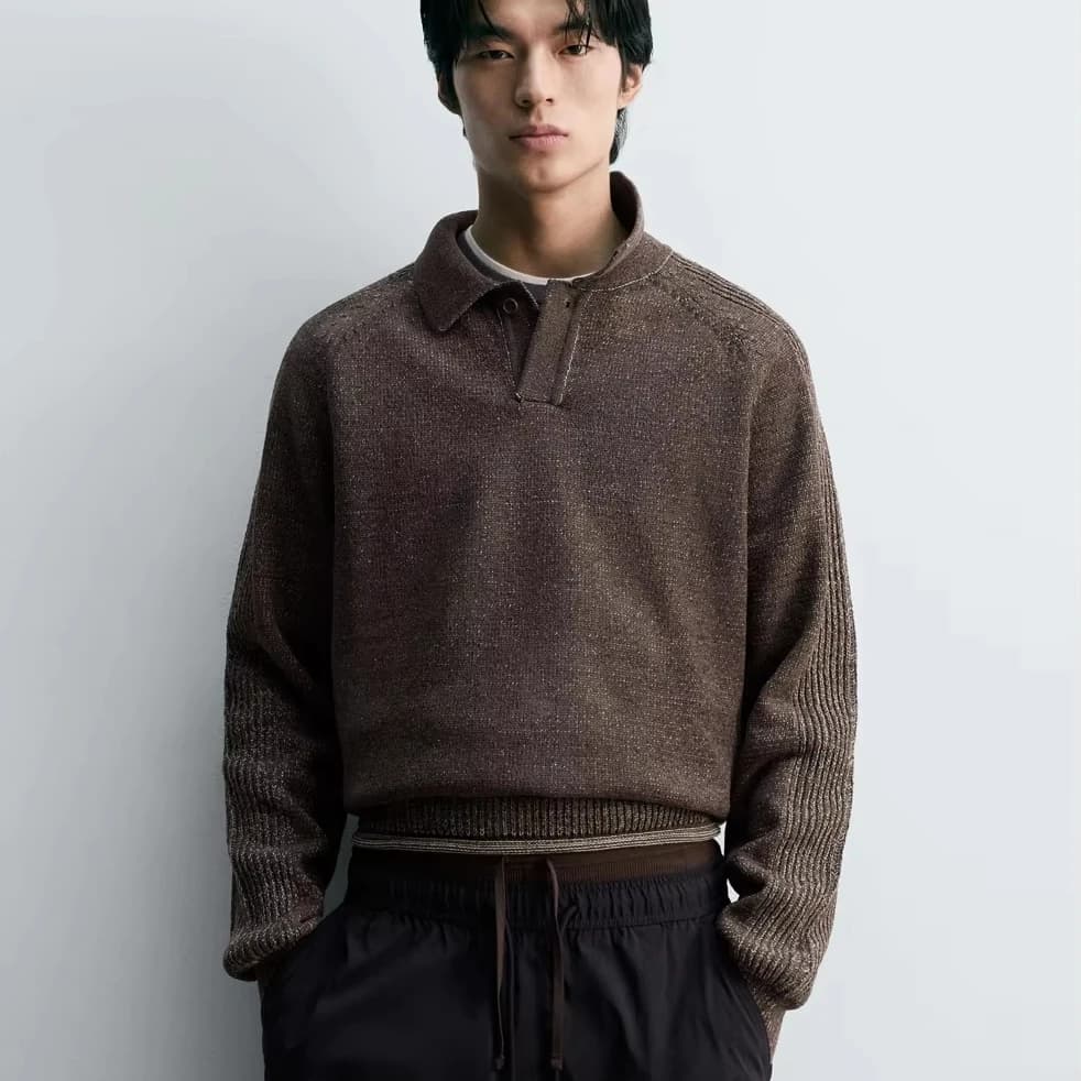 Men's Merino Boucle Mixed Texture Collared Sweater