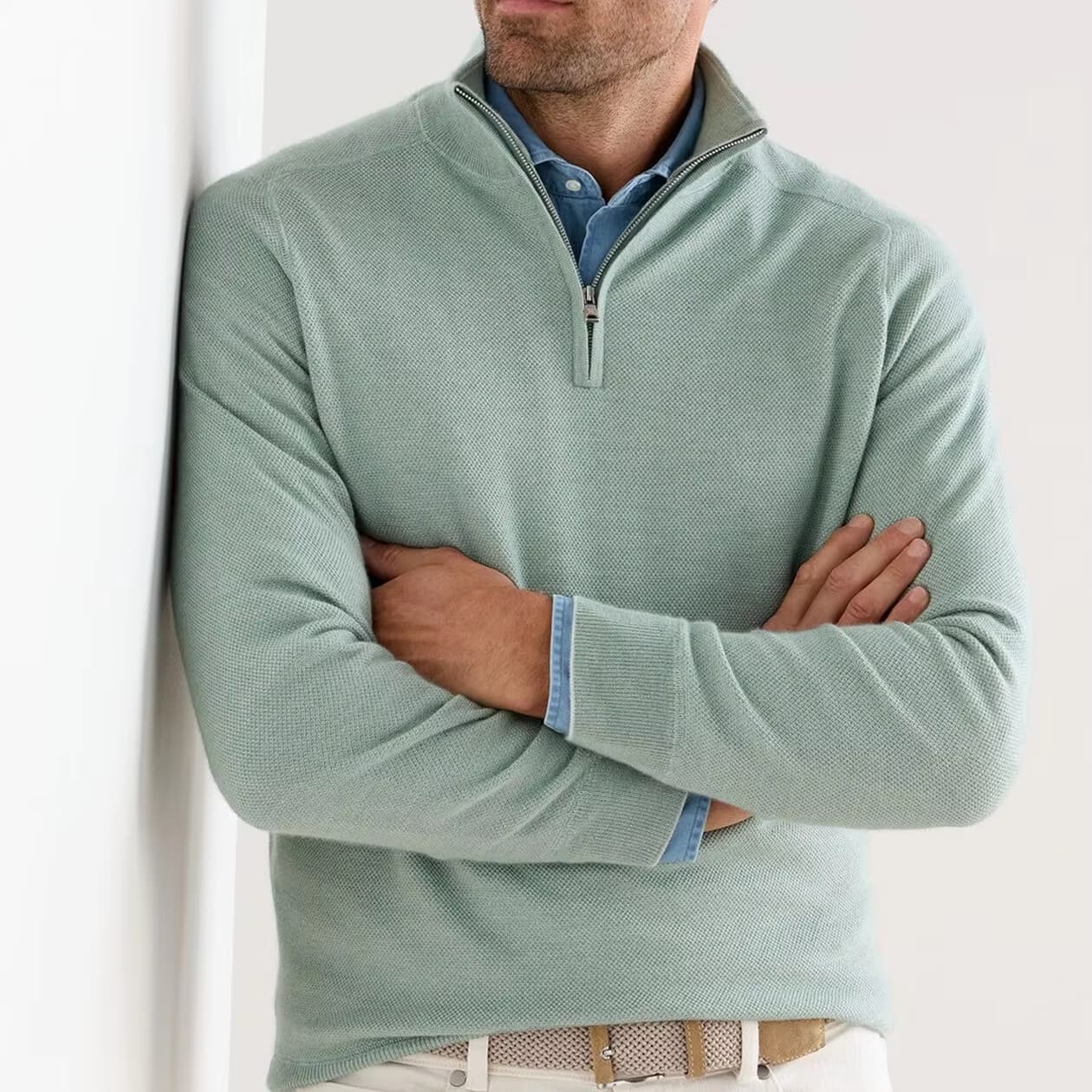Men's Mint Green Quarter Zip Sweater Neck Pastel Knit Pullover