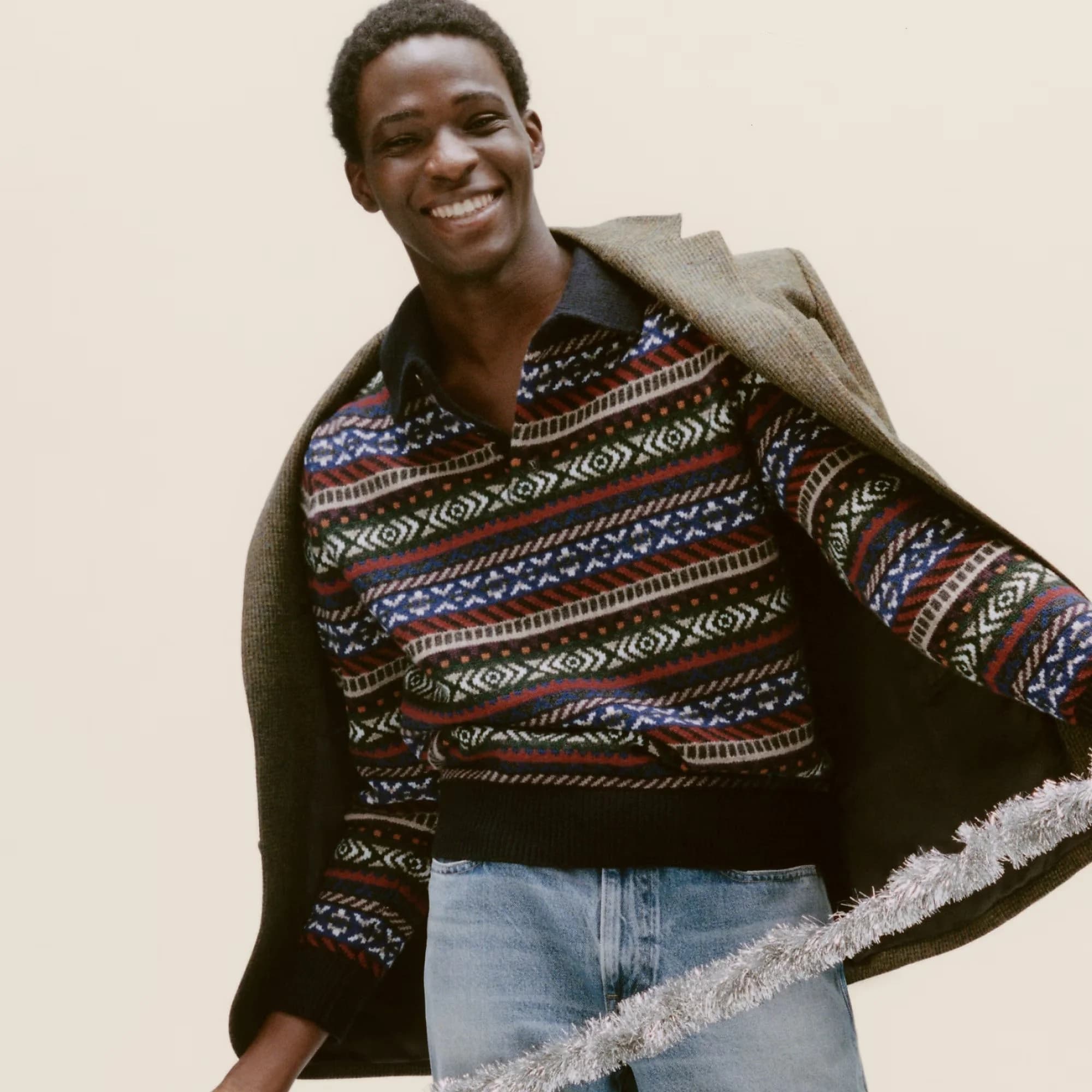 Men's Multi Colour Striped Nordic Polo Sweater Fair Isle