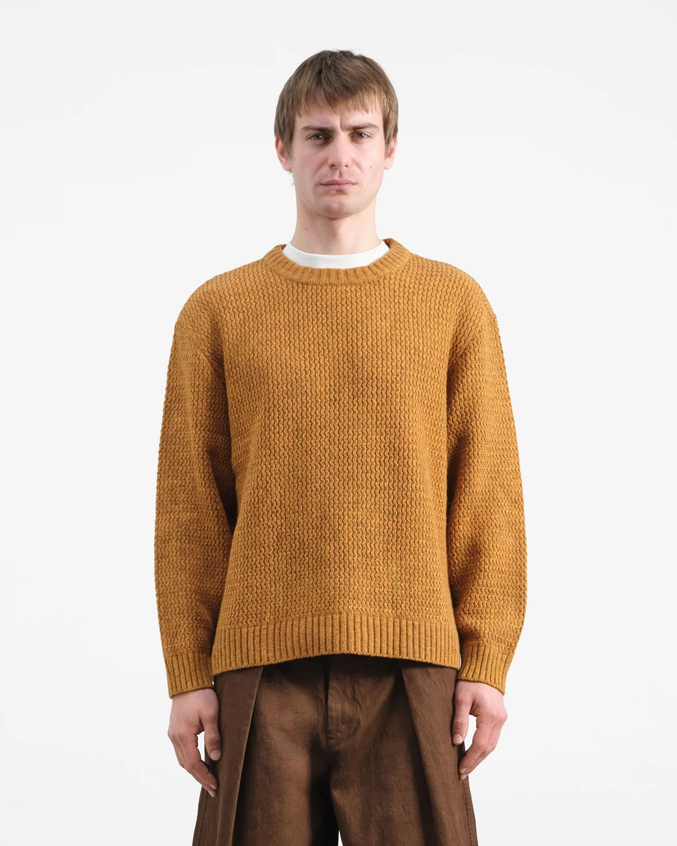 Men's Mustard Yellow Waffle Knit Crew Neck Sweater