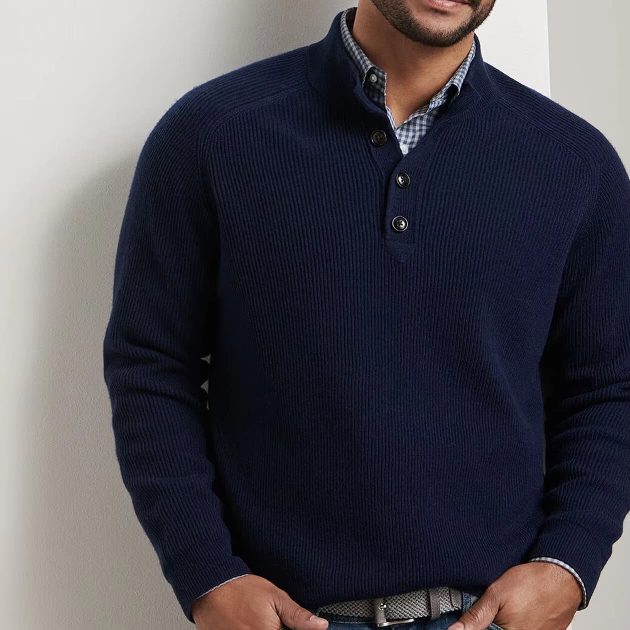 Men's Navy Blue Button Mock Neck Sweater Ribbed Knit Casual Pullover