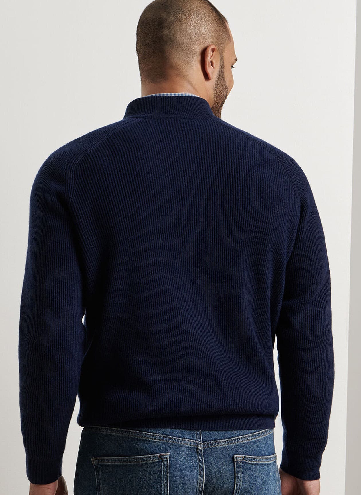 Men's Navy Blue Button Mock Neck Sweater Ribbed Knit Casual Pullover — view 2
