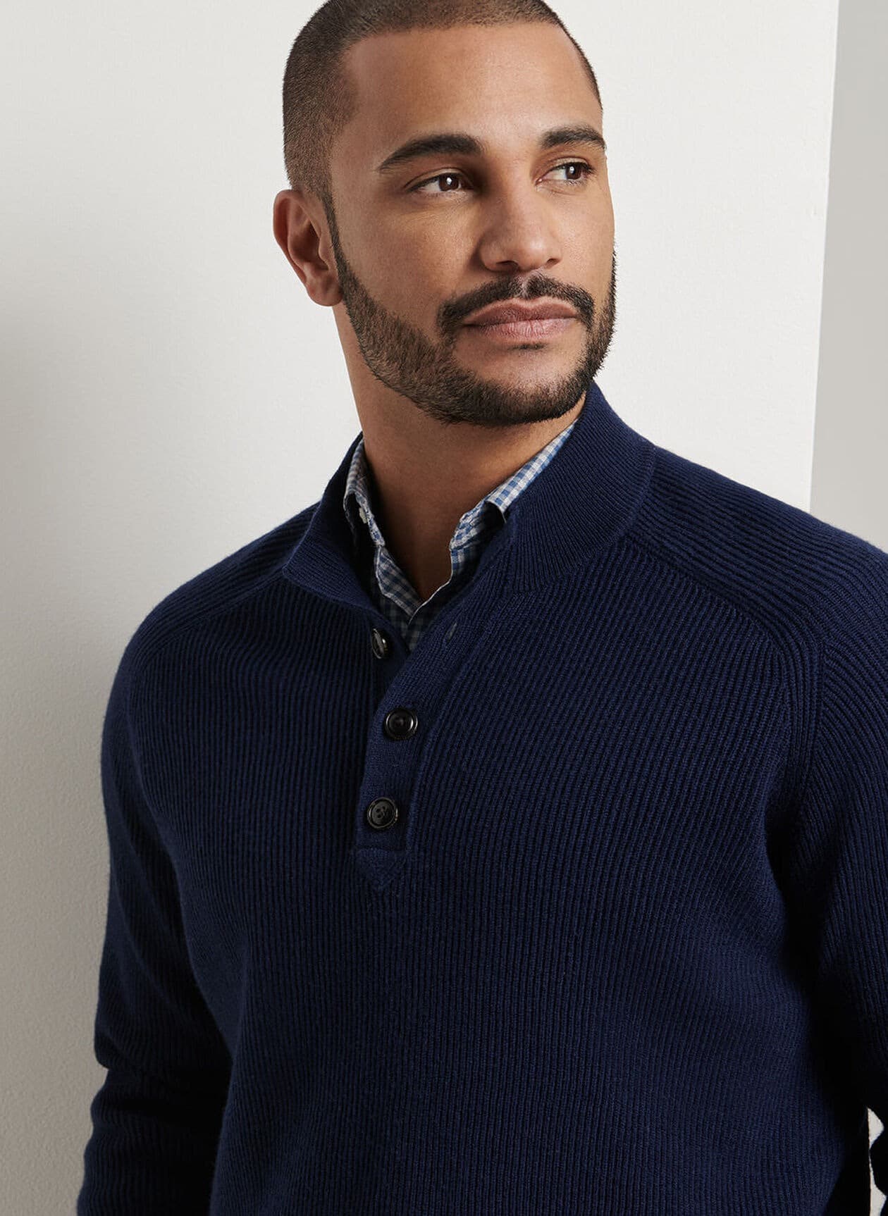 Men's Navy Blue Button Mock Neck Sweater Ribbed Knit Casual Pullover — view 3