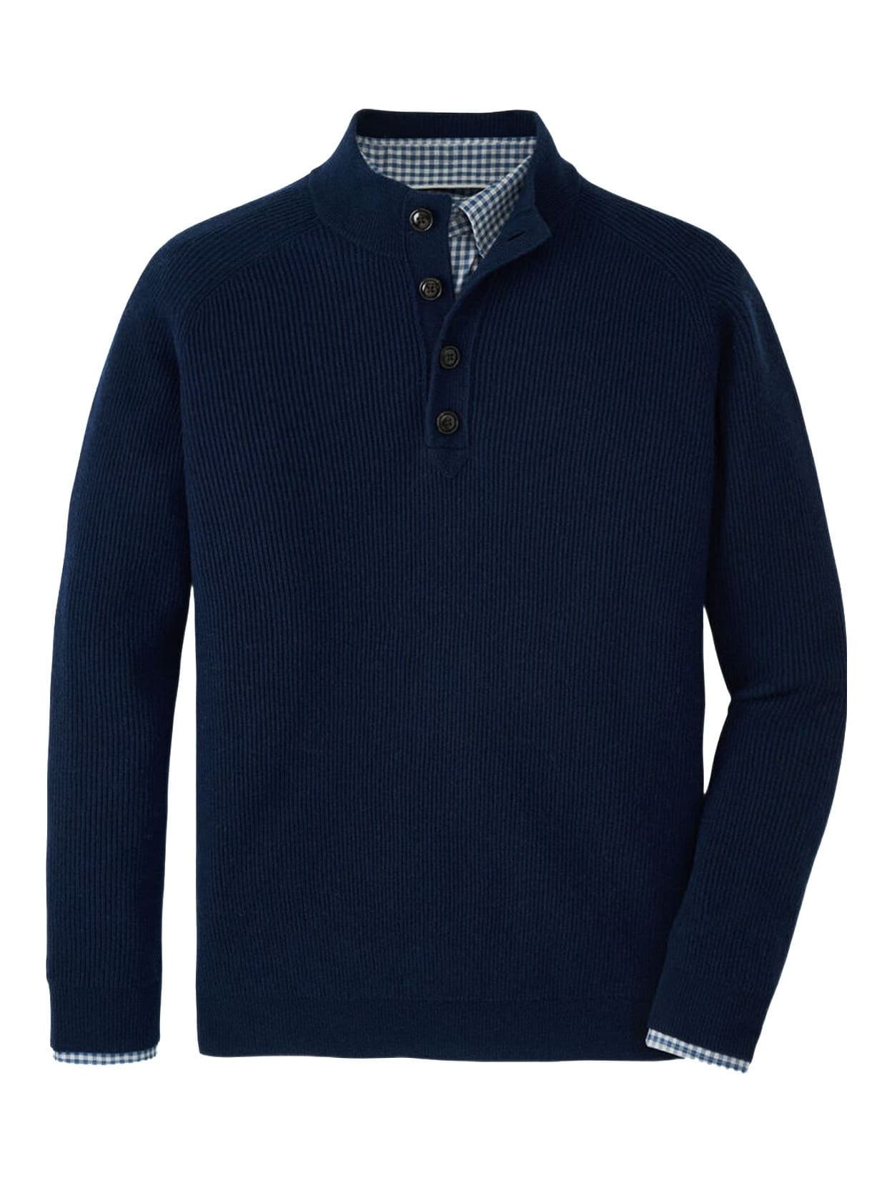 Men's Navy Blue Button Mock Neck Sweater Ribbed Knit Casual Pullover — view 4
