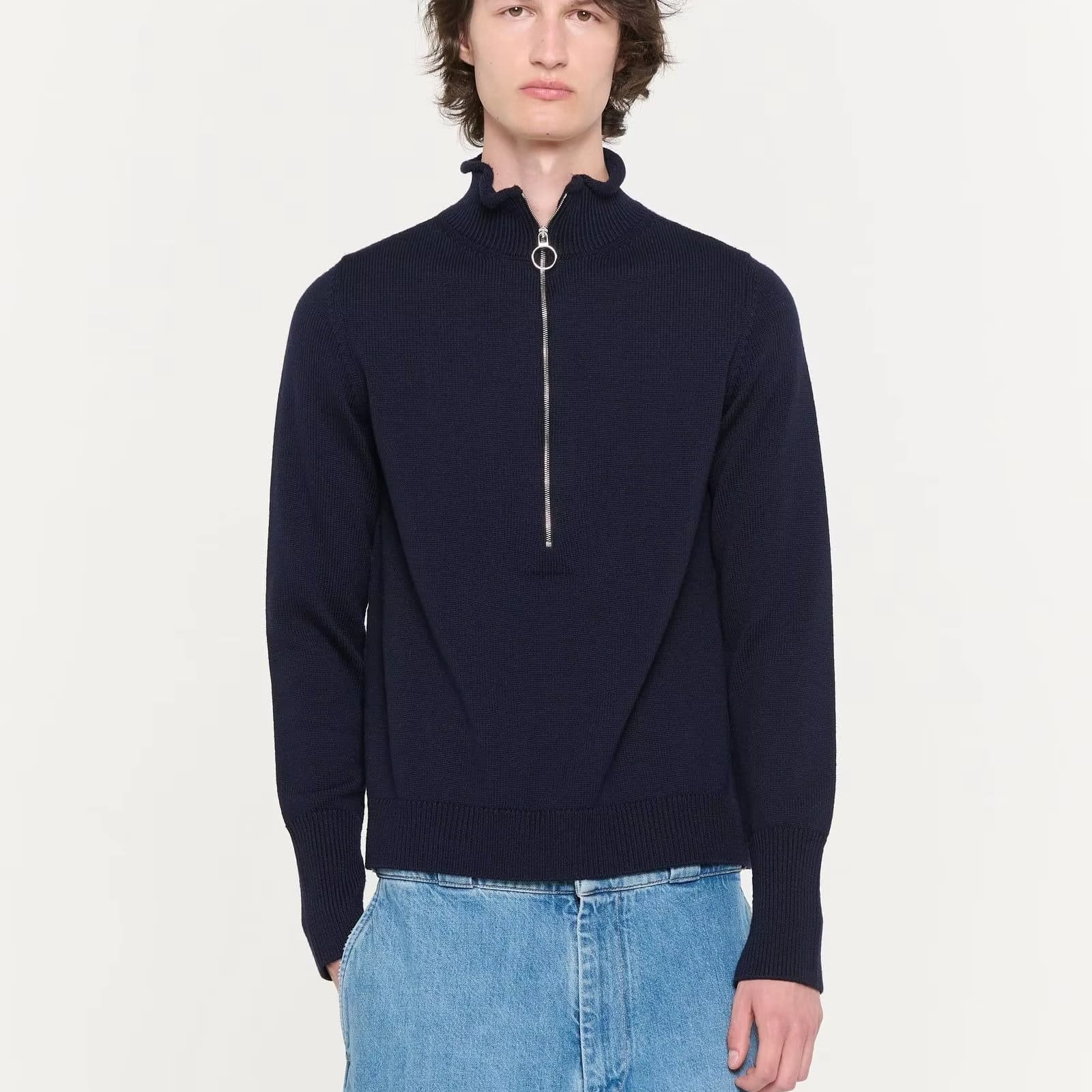 Men's Navy Blue Half Zip Sweater Mock Neck Wool Blend Minimalist